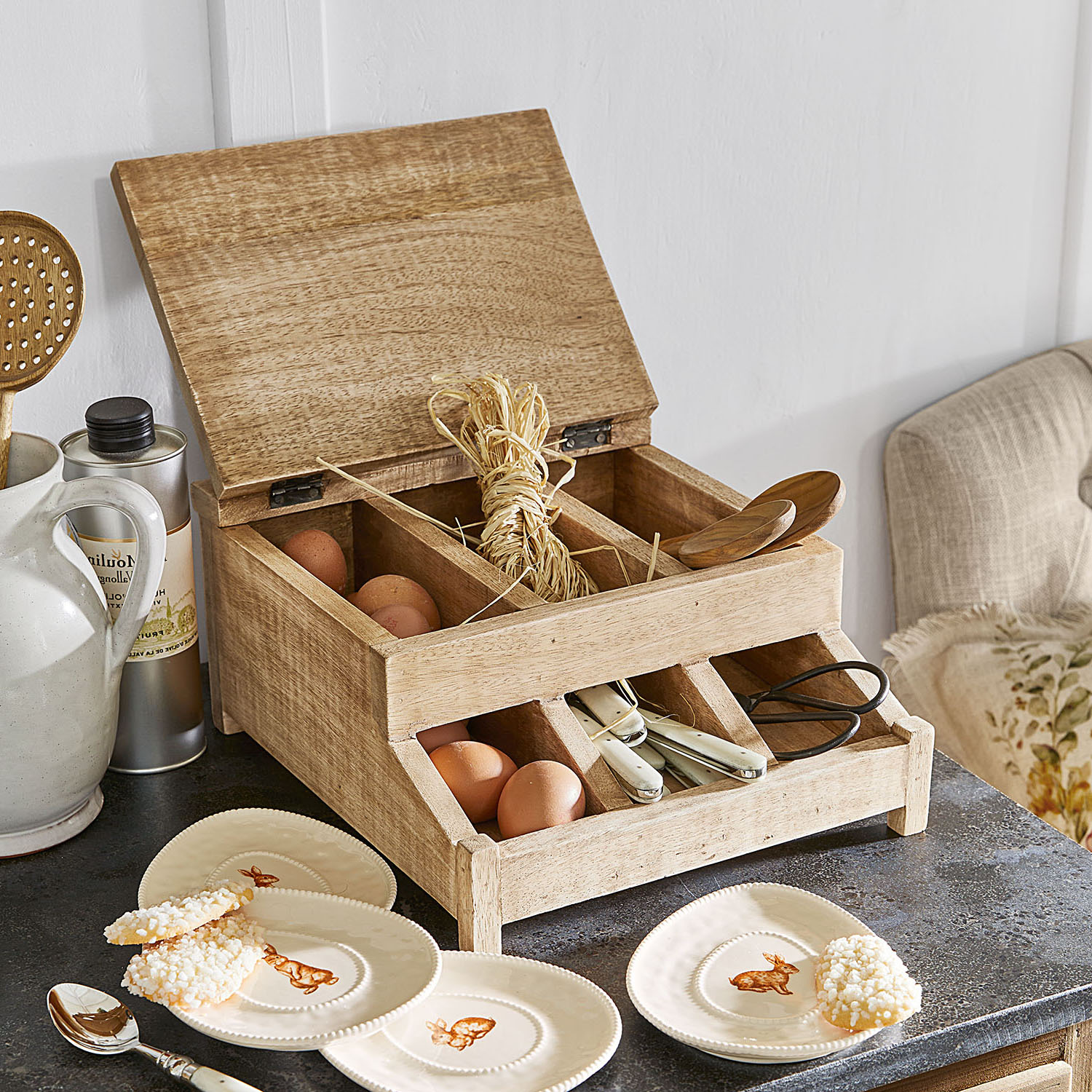 Boîte de cuisine en bois naturel avec compartiments pour œufs, couverts et cuillères, rangement pratique