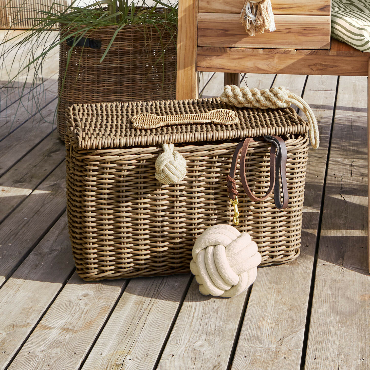 Malle d’intérieur et d’extérieur Neravella Panier en osier marron avec couvercle sur plancher en bois avec jouets pour chien beige