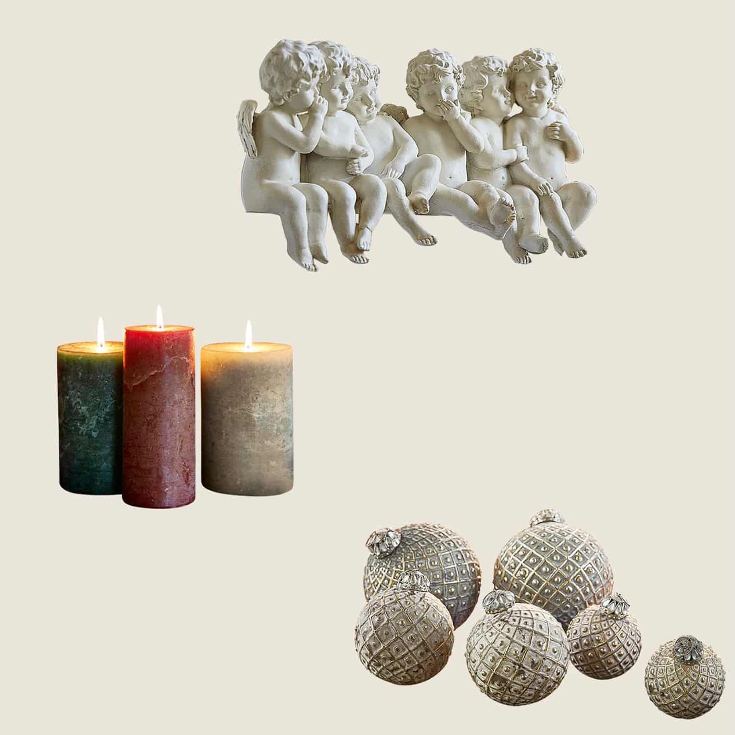 Figurines d'anges blanches en céramique, trois bougies colorées et boules décoratives à motif géométrique