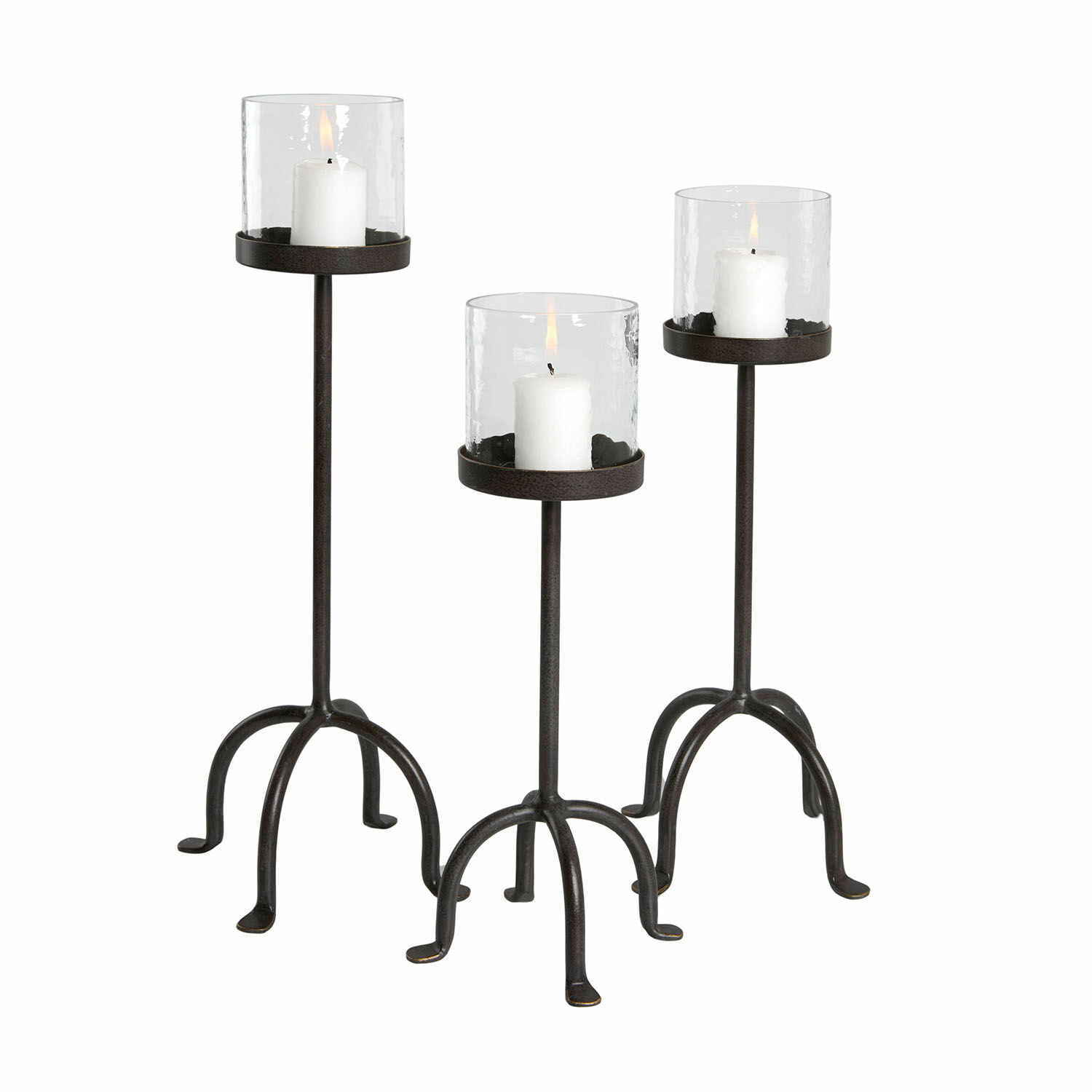 Lot de 3 photophores Tanbira Ensemble de trois bougeoirs en métal avec verre transparent et bougies blanches pour décoration intérieure