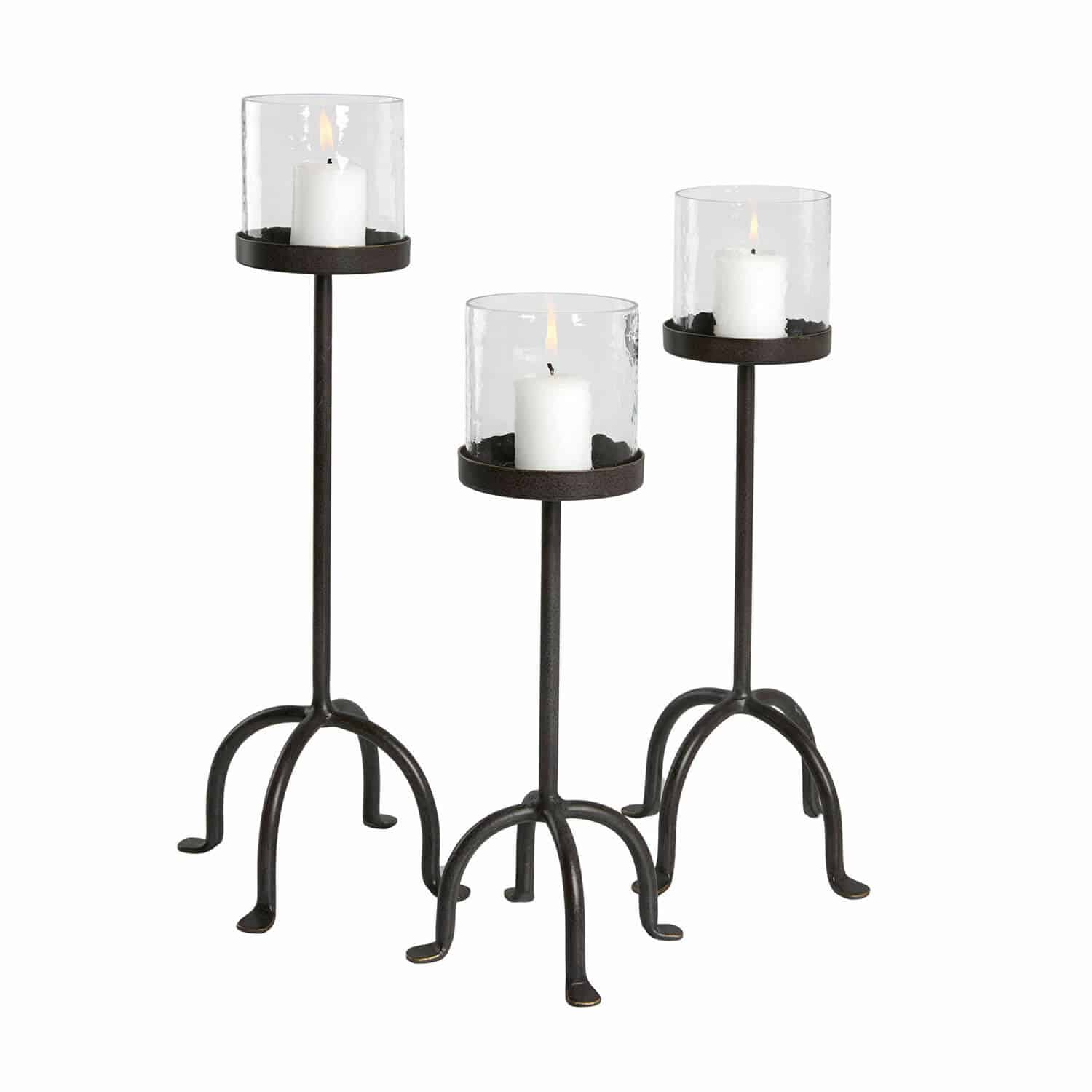 Lot de 3 photophores Tanbira Ensemble de trois bougeoirs en métal avec verre transparent et bougies blanches pour décoration intérieure