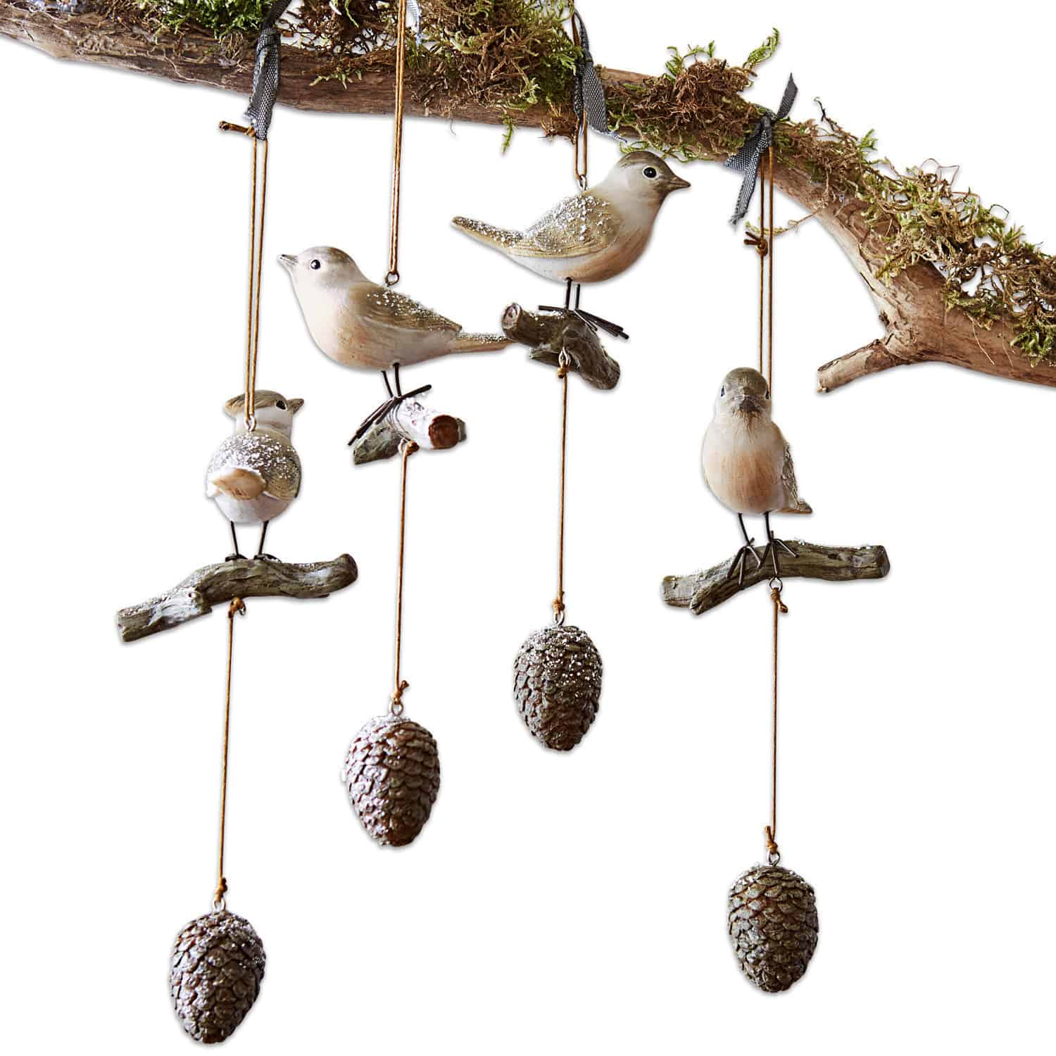 Lot de 4 oiseaux Vianne Décorations suspendues oiseaux avec pommes de pin en couleurs naturelles pour intérieur et jardin