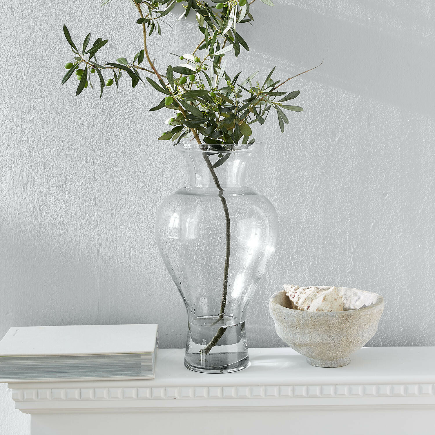 Vase Cantellia Vase en verre transparent avec branches vertes sur étagère blanche avec livre et bol à coquillages