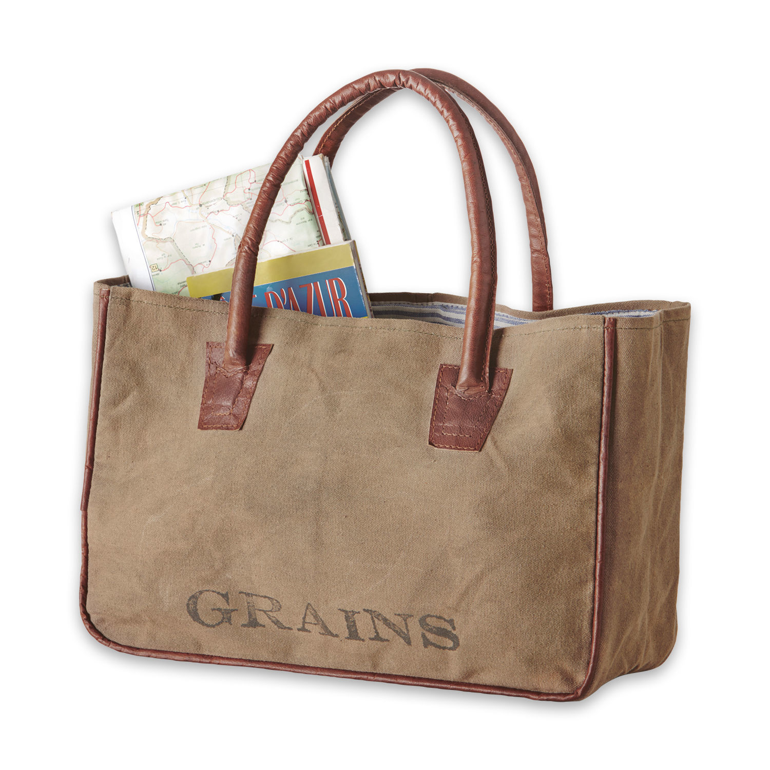 Sac Grains Sac en toile beige avec poignées en cuir marron et inscription GRAINS, parfait pour courses