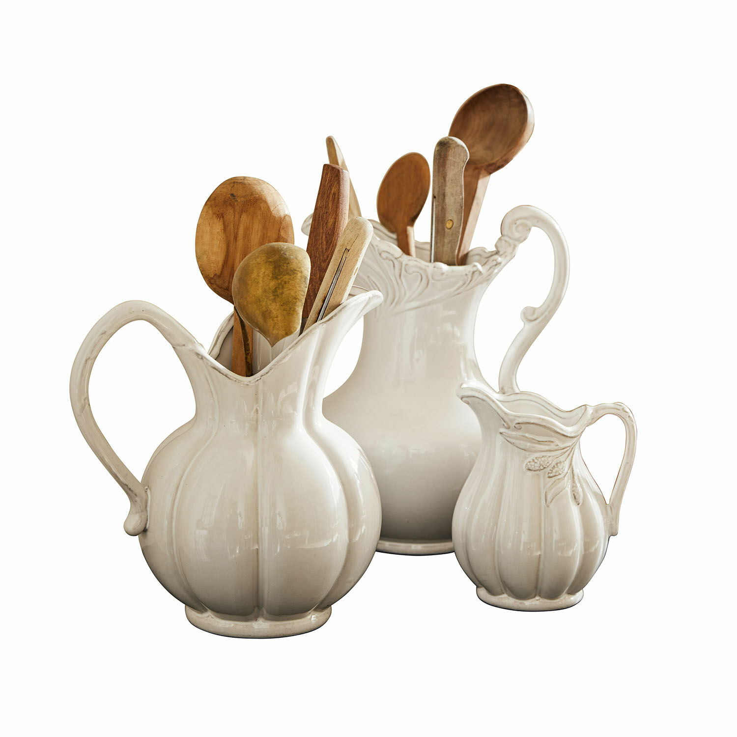 Lot de 3 cruches Lucanera Ensemble de pichets en céramique blanche avec cuillères en bois pour cuisine vintage