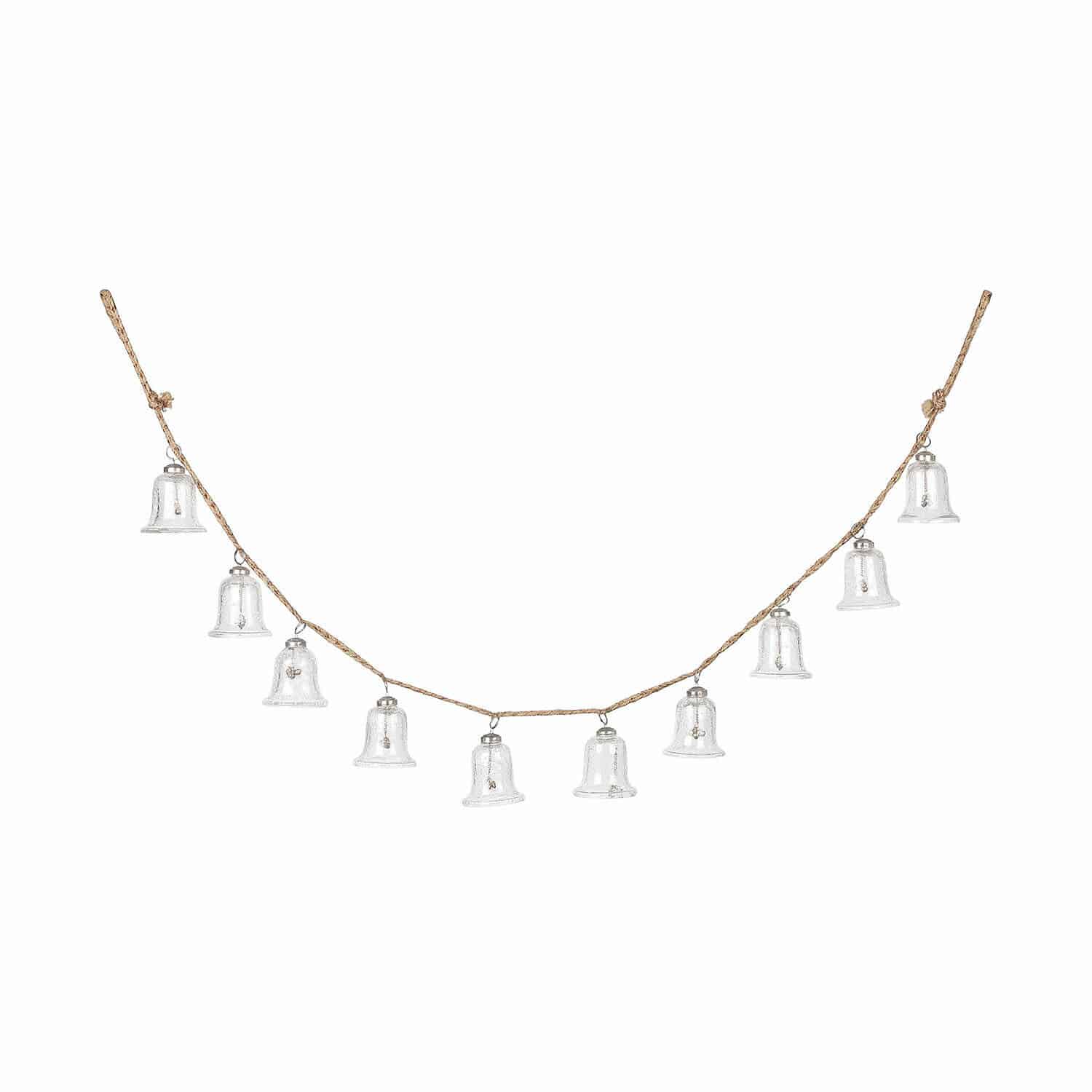 Guirlande Bells Guirlande de cloches en verre transparent sur corde en jute pour décoration intérieure et festive