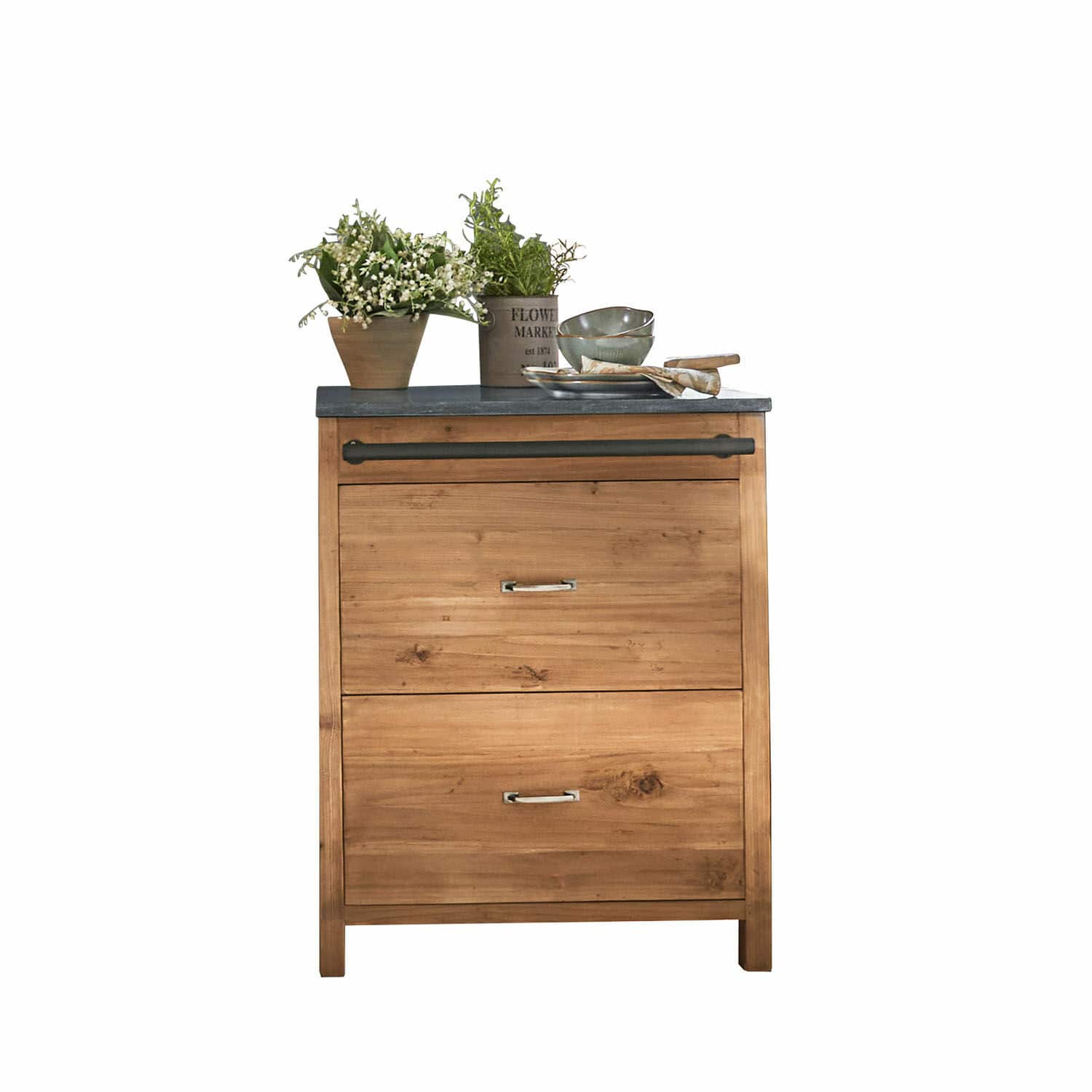 Meuble bas Sunnybrook Commode en bois avec deux tiroirs et plateau noir, décorée de pots de fleurs blancs et verts