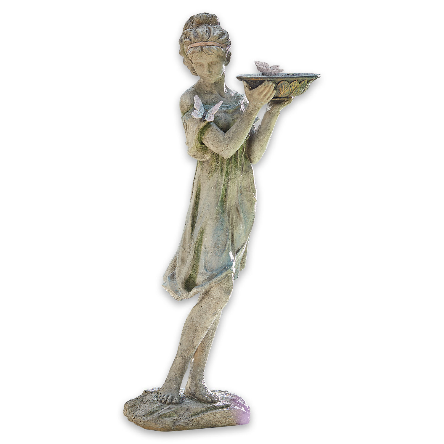 Sculpture Malia Statue de fille en pierre verte tenant un plat avec des papillons pour décoration de jardin