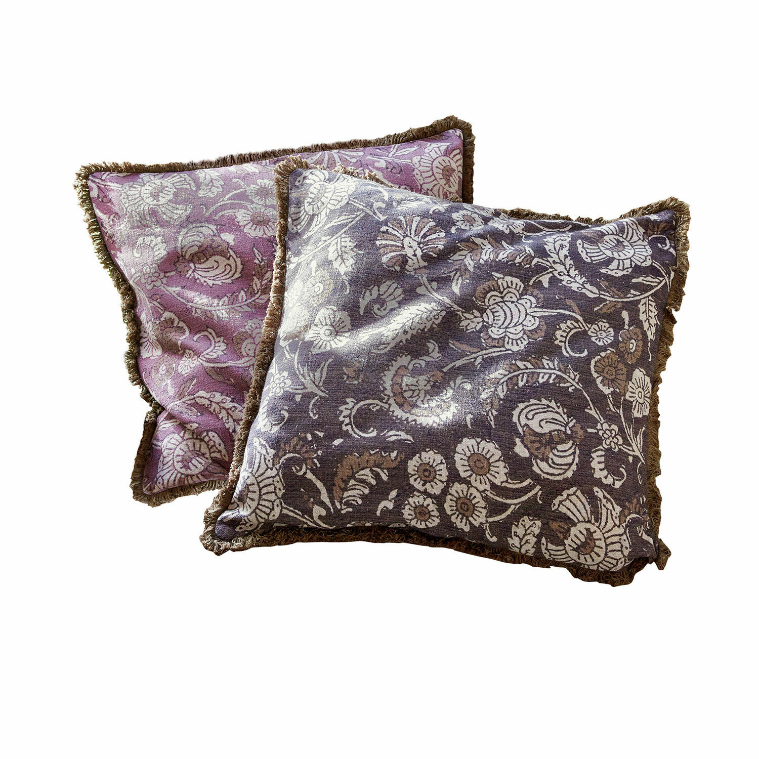 Lot de 2 housses de coussins Lalluga Ensemble de deux coussins décoratifs à motif floral avec bordure marron en violet et gris