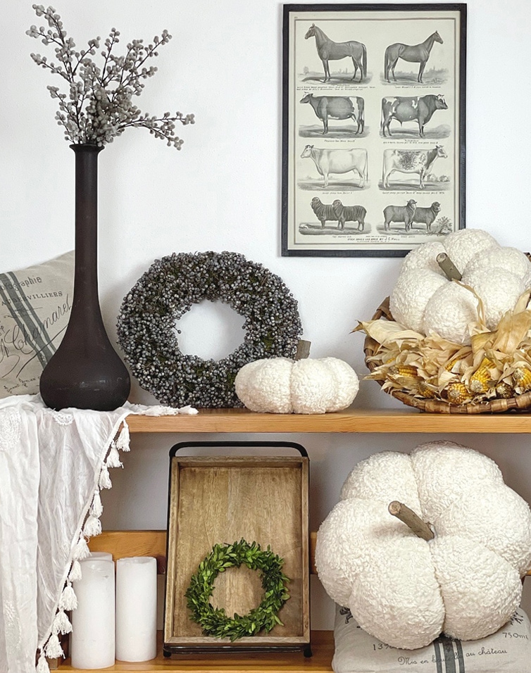 Décoration d'automne avec citrouilles blanches en peluche, couronnes vertes et vase noir sur étagère en bois