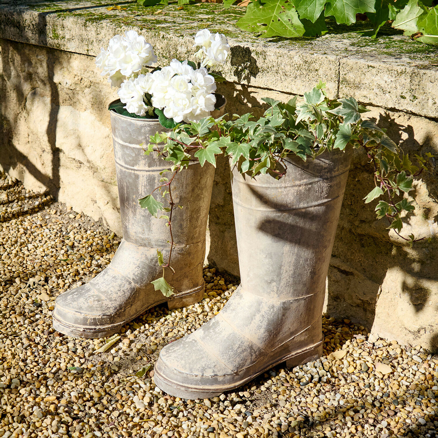 Vieilles bottes en caoutchouc grises utilisées comme pots avec fleurs blanches et lierre vert