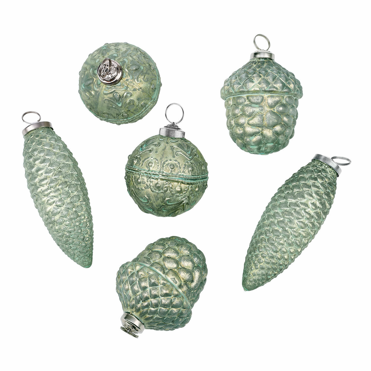 vert/couleur argent Ensemble de 6 décorations de Noël vertes et argentées en verre avec motifs de pommes de pin