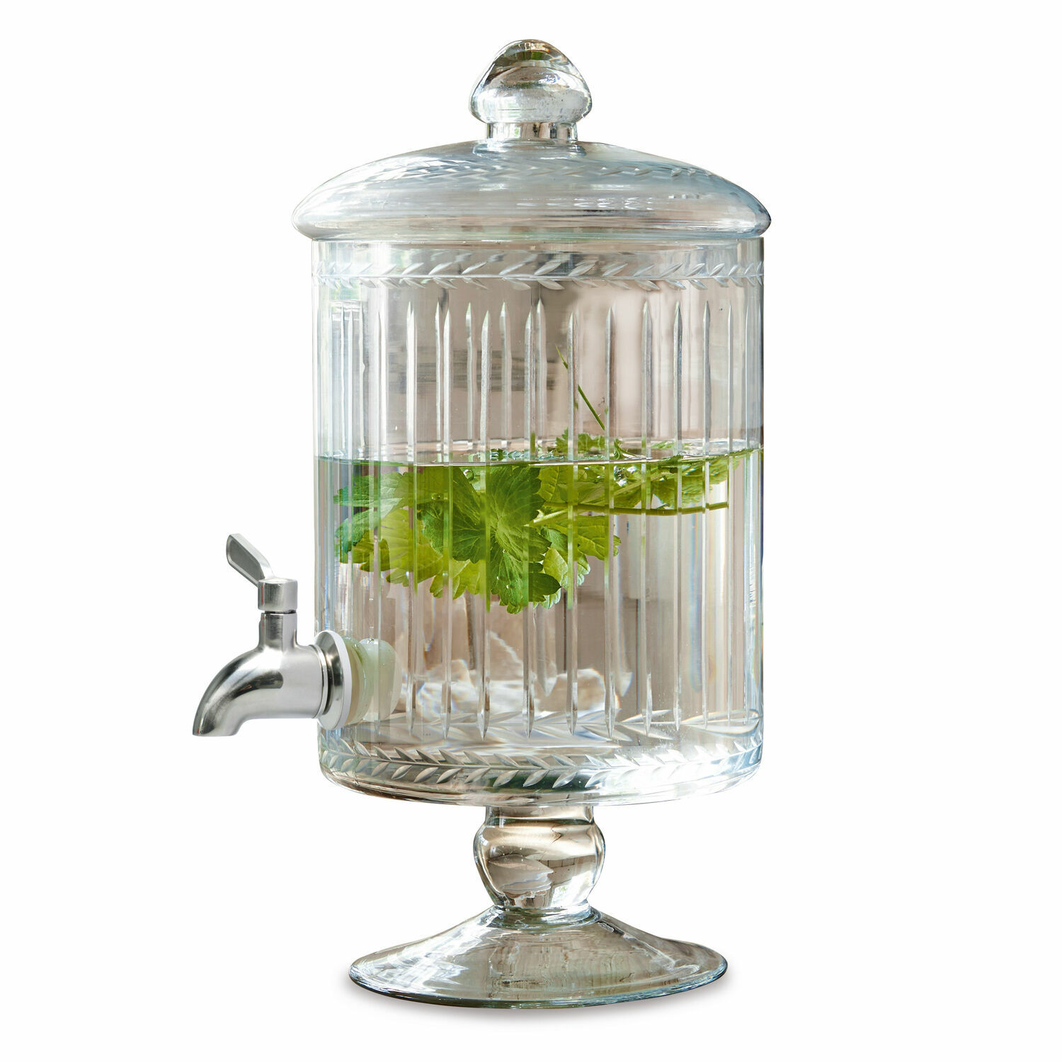 Distributeur de boisson Makiya Distributeur de boissons en verre transparent avec couvercle et robinet, décoré de feuilles vertes à l'intérieur
