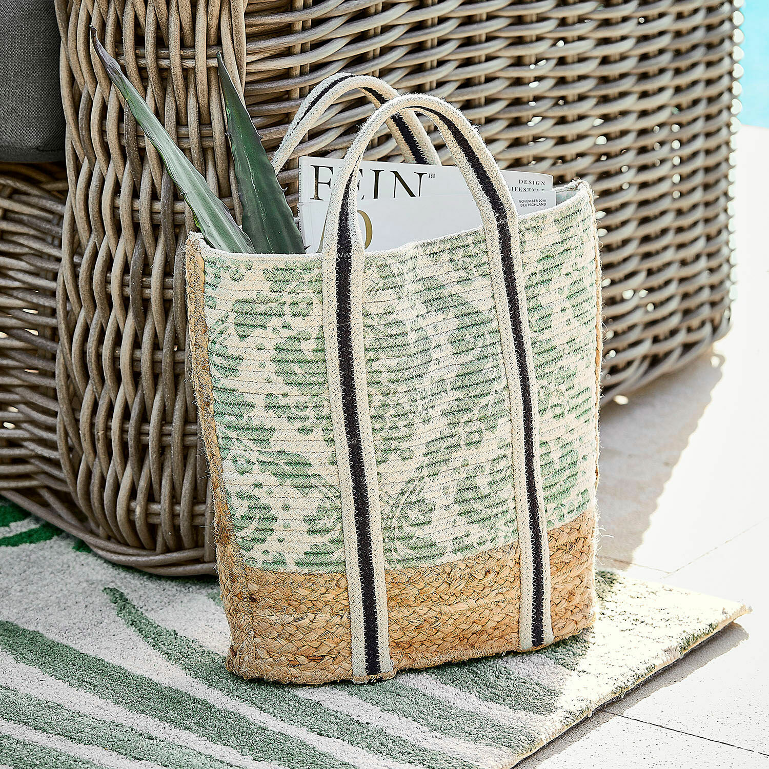 Sac Drancel Sac en jute et coton vert et beige avec anses rayées, parfait pour courses et plage