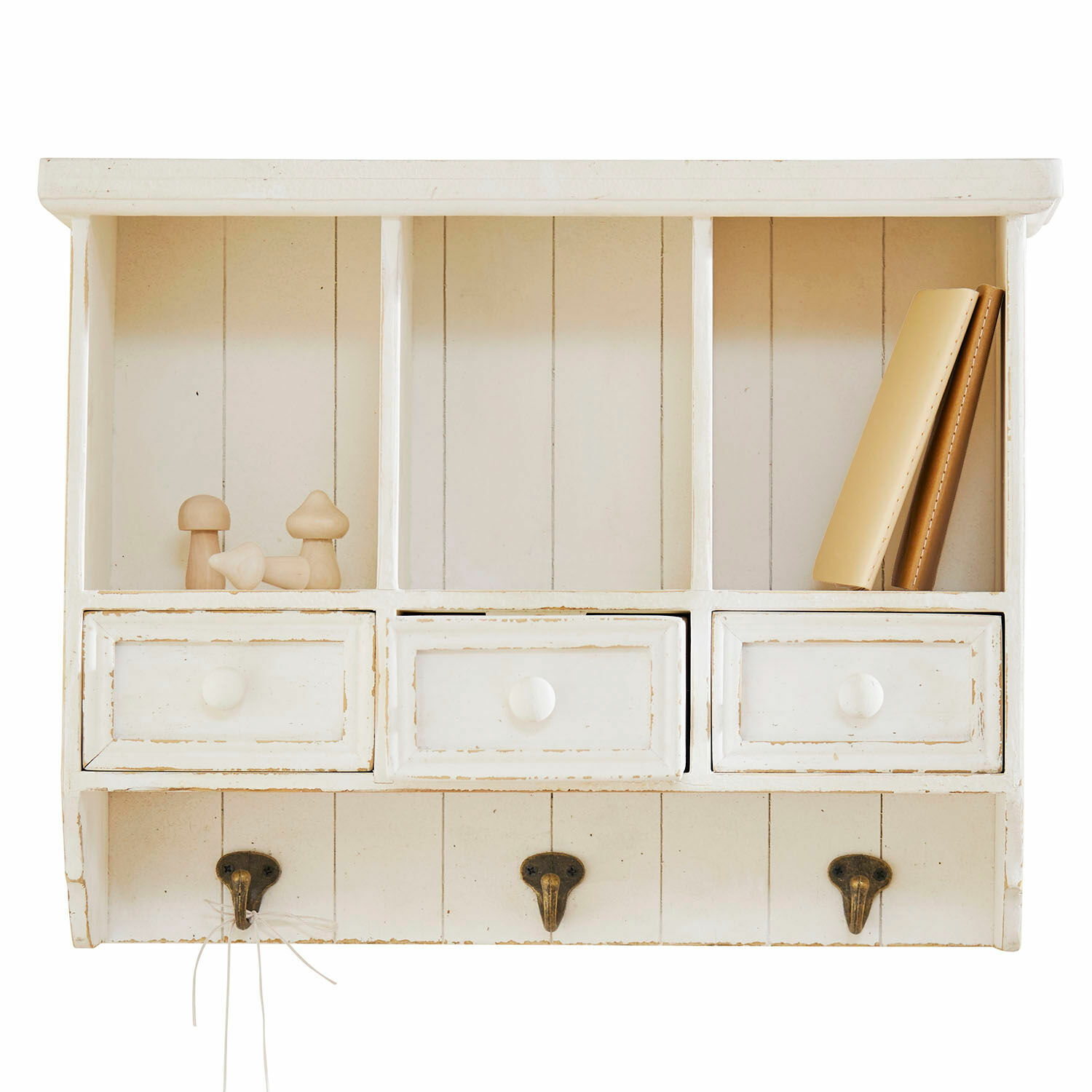 Étagère murale Korelis Étagère murale blanche en bois avec trois tiroirs et crochets pour rangement domestique