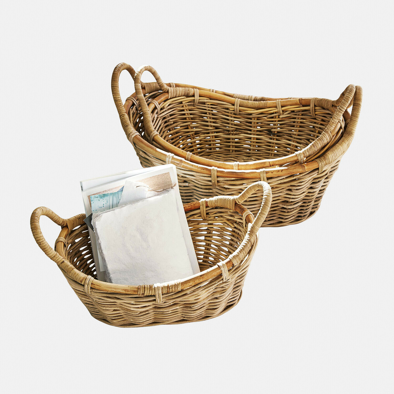 Lot de 3 paniers Gavelle Ensemble de deux paniers en osier naturel avec poignées, parfaits pour le rangement et la décoration