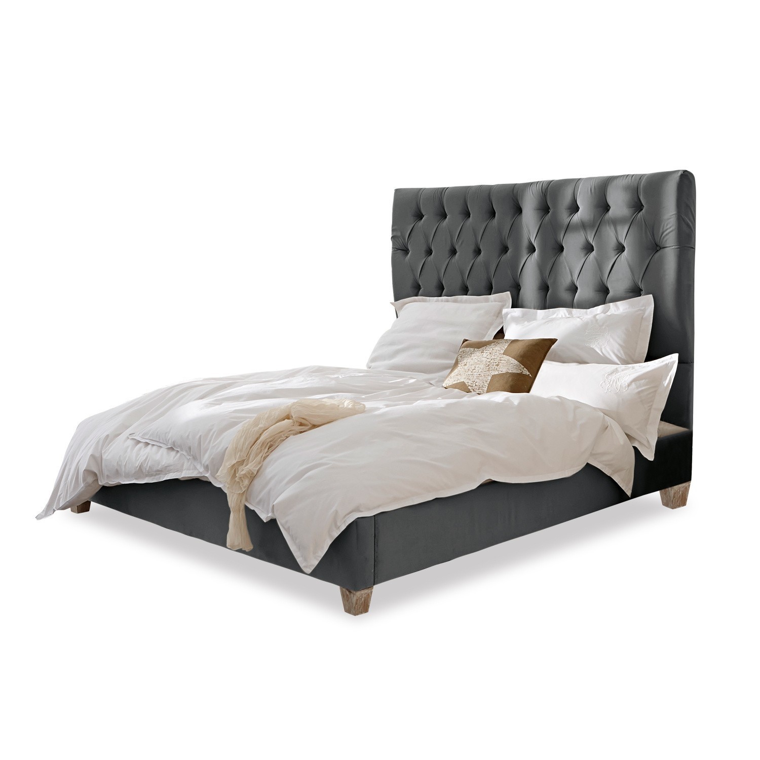 gris Lit Benton gris avec tête de lit capitonnée et pieds en bois, revêtement en tissu doux