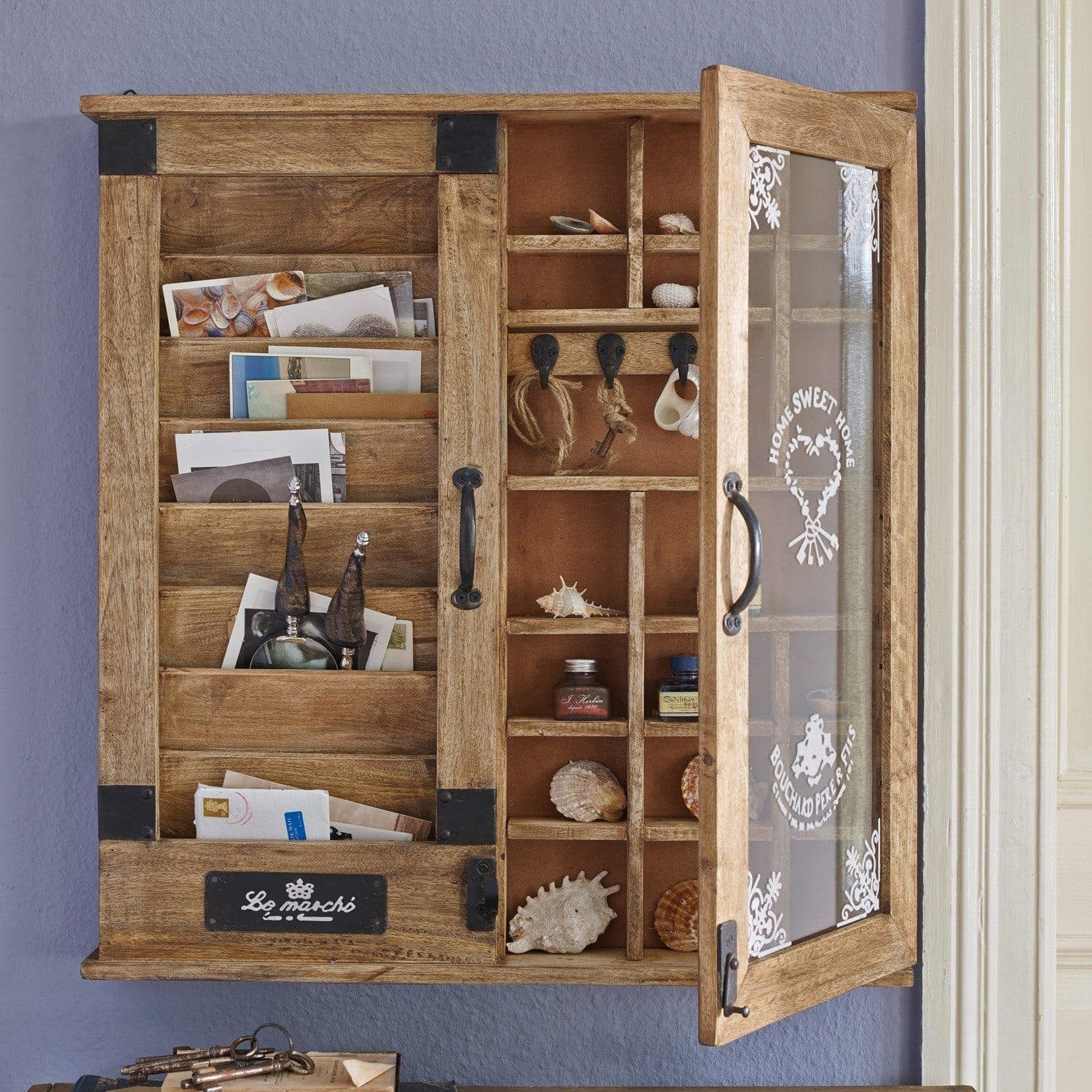 Organiseur Shelby Boîte murale en bois avec porte vitrée décorée, compartiments pour clés et courrier au style vintage