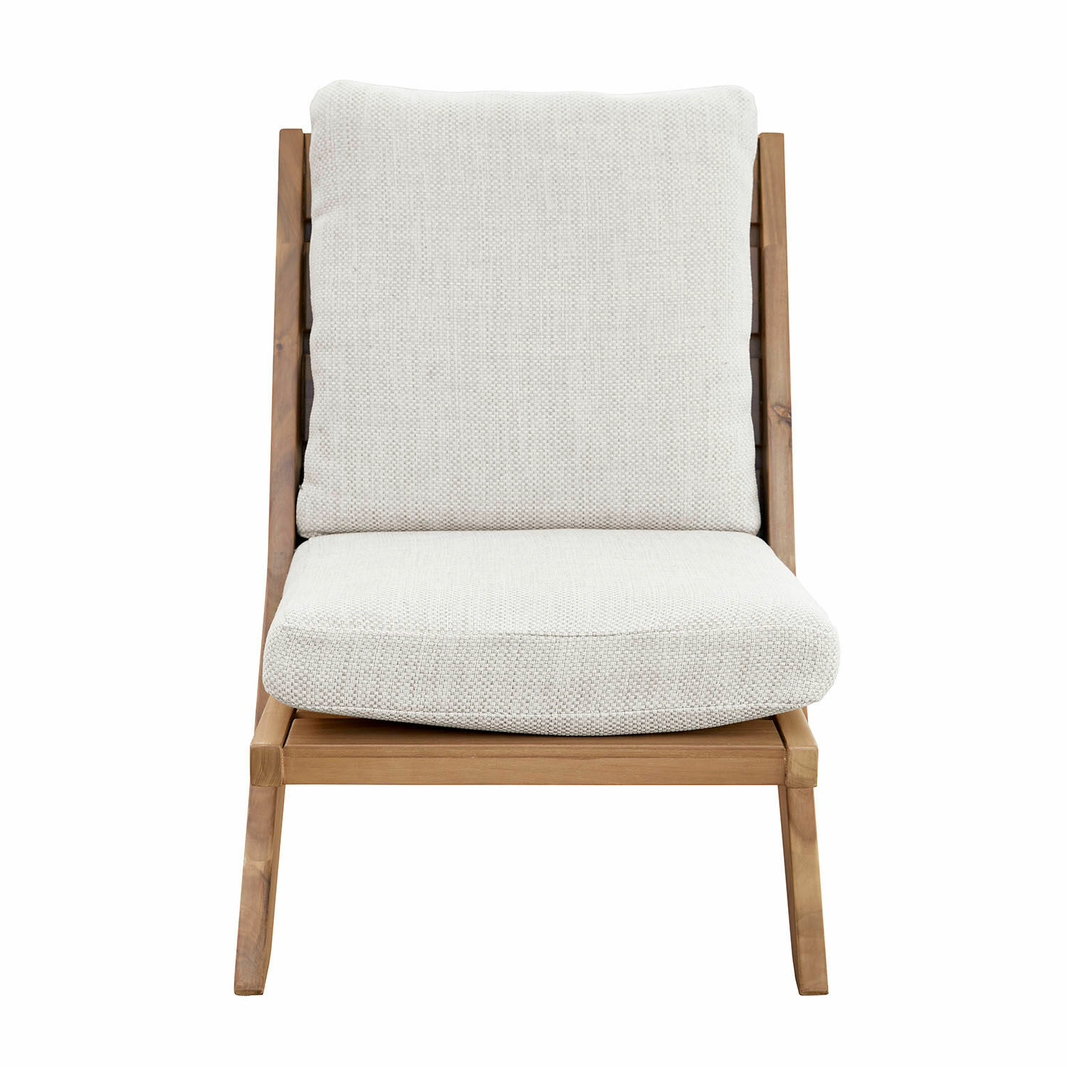 Fauteuil Montivaux en bois brun avec coussins beige, chaise lounge confortable pour salon