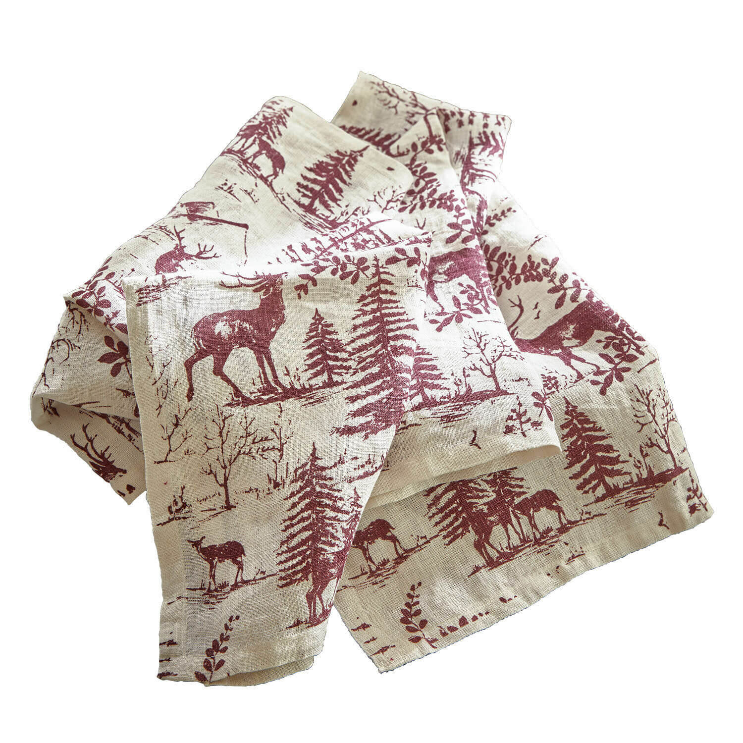 Lot de 4 serviettes de table Sundraen Nappe en lin beige avec imprimé bordeaux de cerfs et sapins, décoration de table rustique