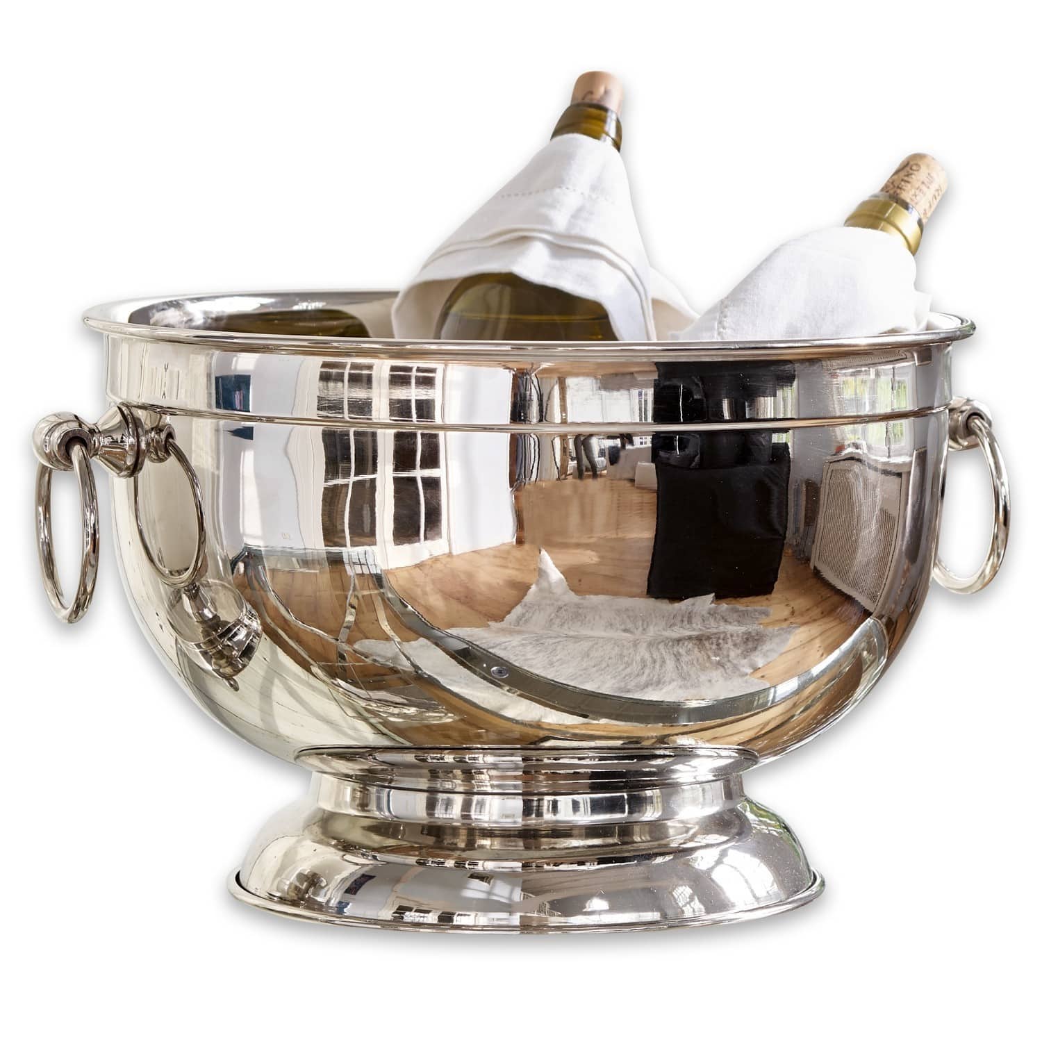 Coupe Westspring Seau à glace en acier inoxydable argenté avec poignées, contenant deux bouteilles de vin enveloppées de tissu blanc
