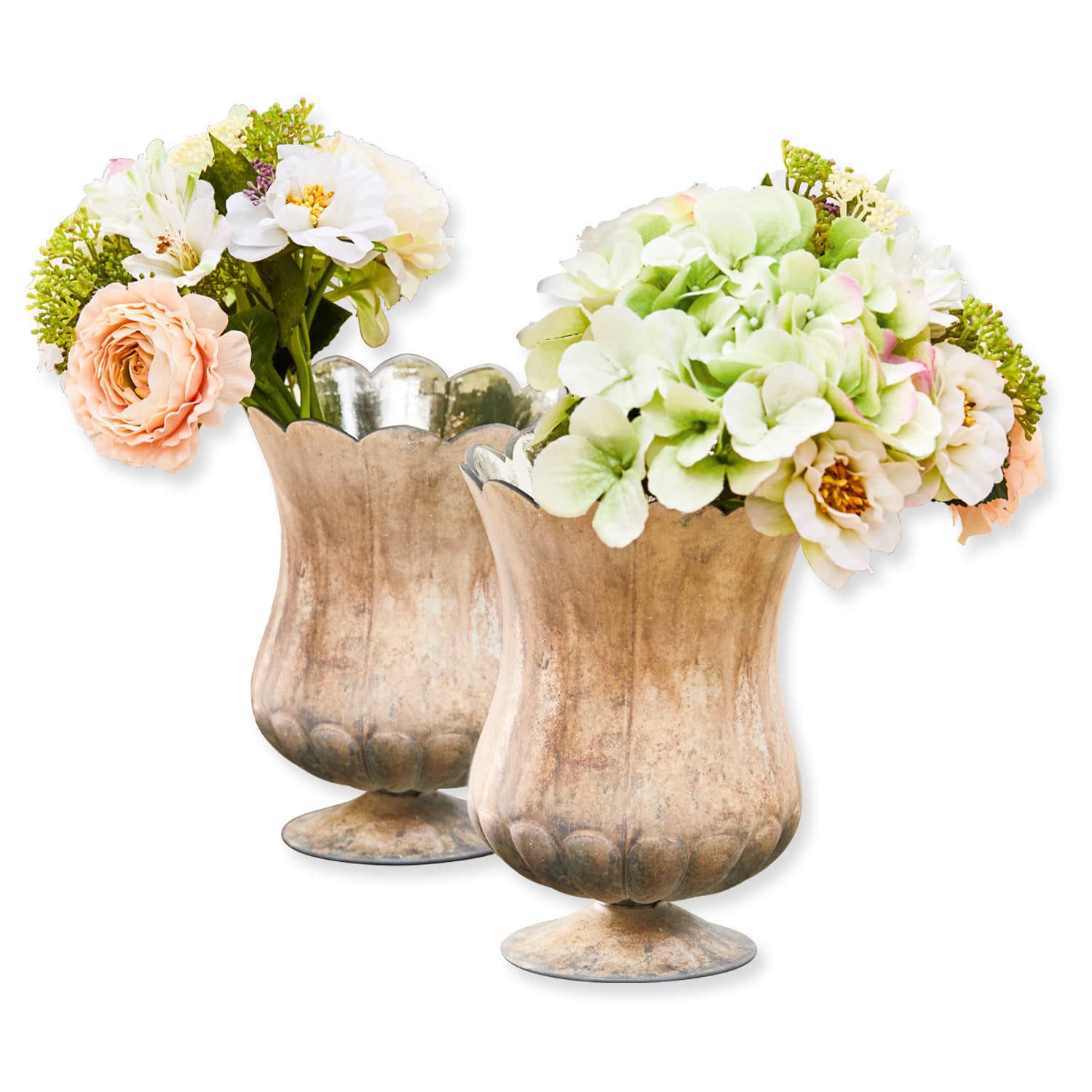 Lot de 2 vases Wilgard Deux vases décoratifs en métal doré vieilli avec bouquets de fleurs artificielles colorées