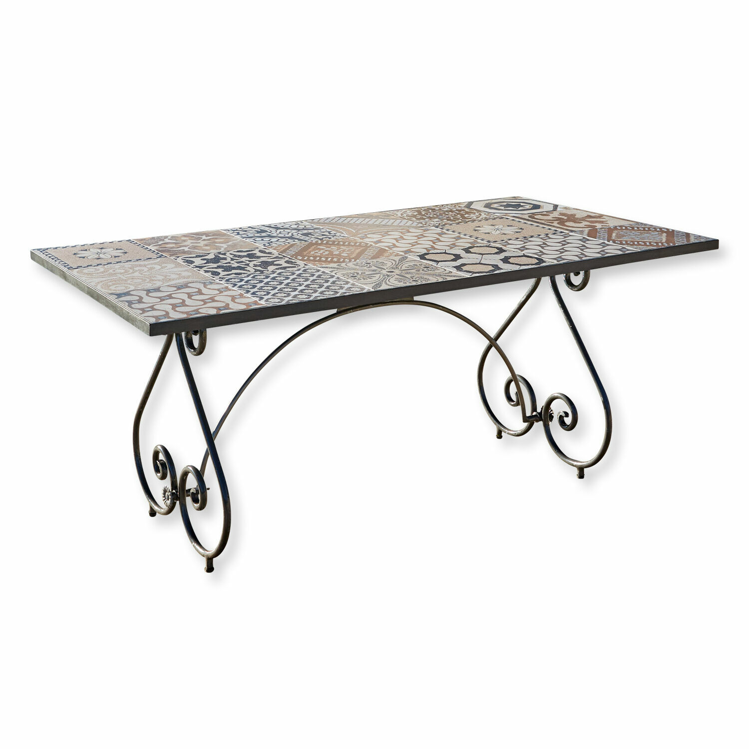 Table Grainville Table avec pieds en métal et plateau en carreaux céramiques aux motifs beige et marron