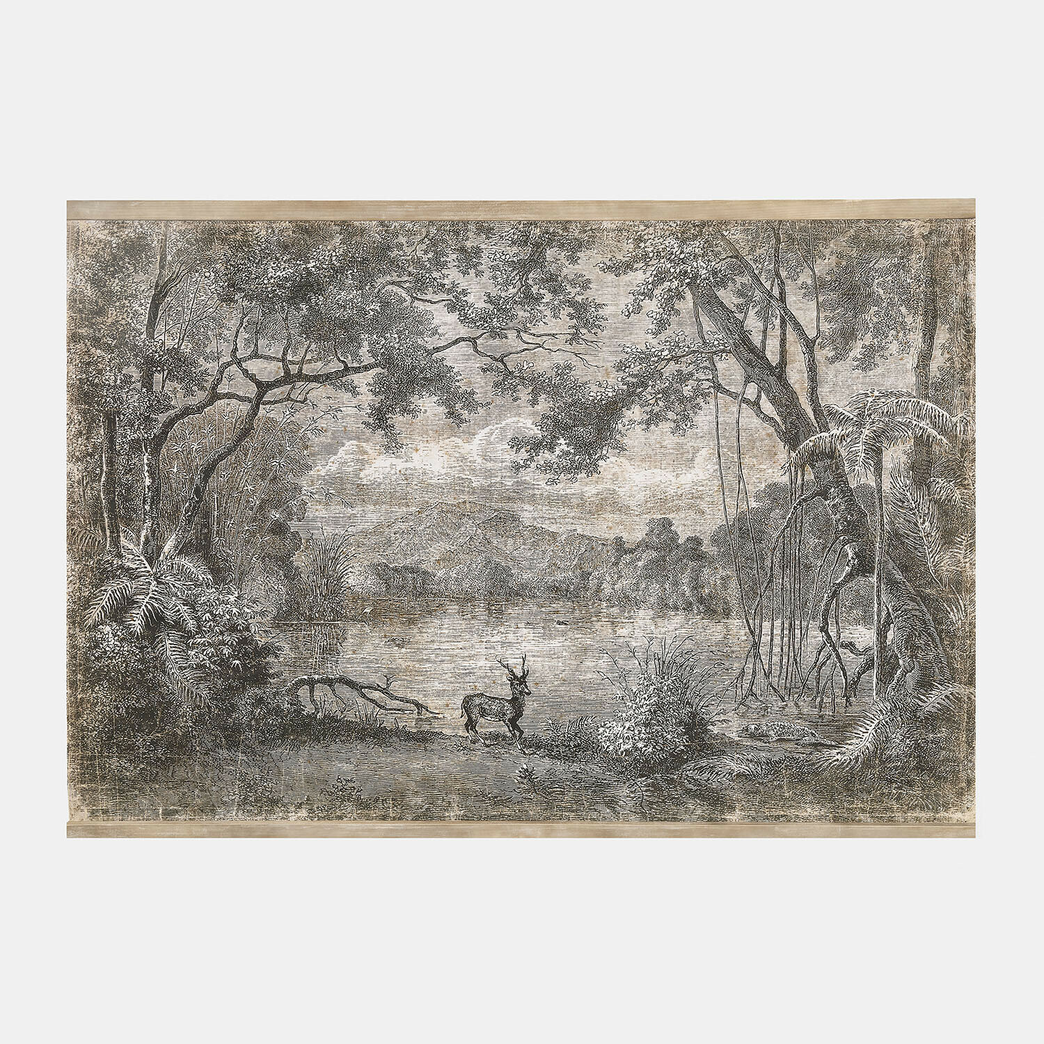Tableau Cressley Gravure en noir et blanc montrant un cerf au bord d'un lac dans une forêt avec des montagnes en arrière-plan