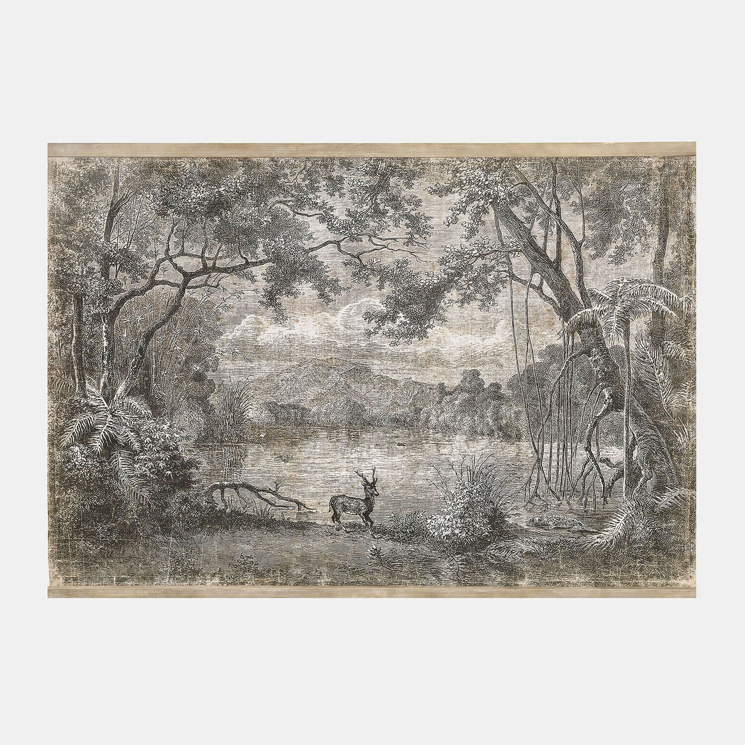 Tableau Cressley Gravure en noir et blanc montrant un cerf au bord d'un lac dans une forêt avec des montagnes en arrière-plan