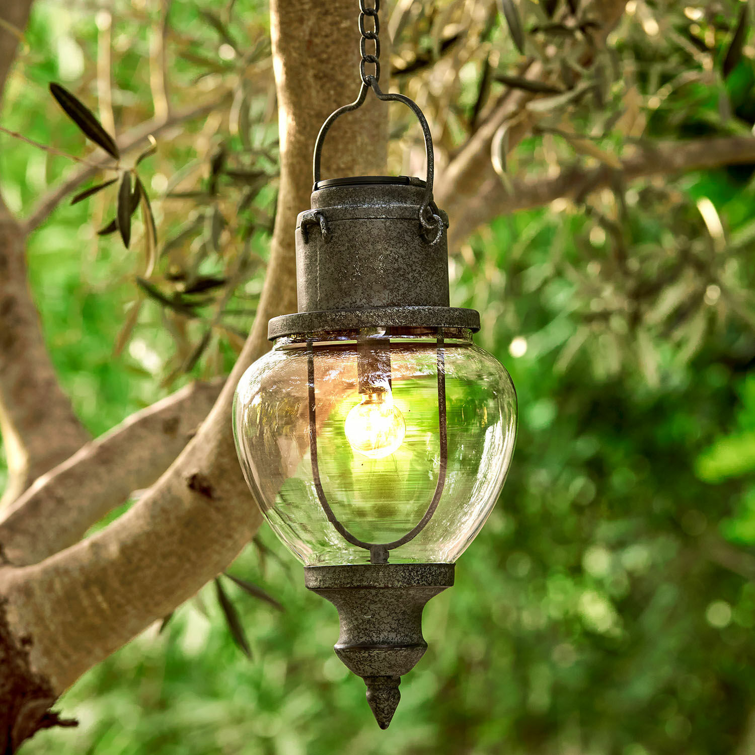 Lanterne solaire Relixan Lanterne suspendue en métal gris avec abat-jour en verre transparent, éclairage extérieur décoratif
