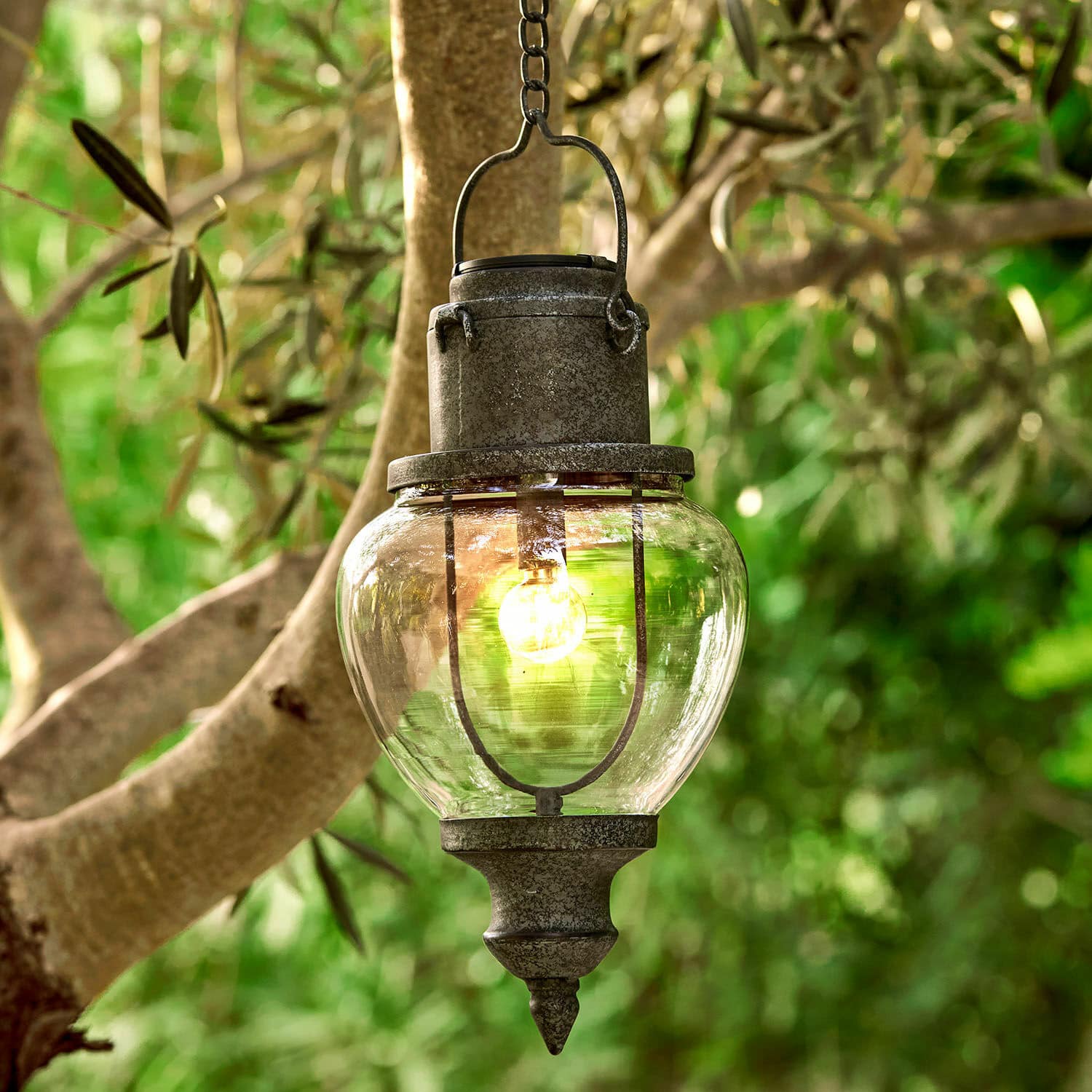 Lanterne solaire Relixan Lanterne suspendue en métal gris avec abat-jour en verre transparent, éclairage extérieur décoratif