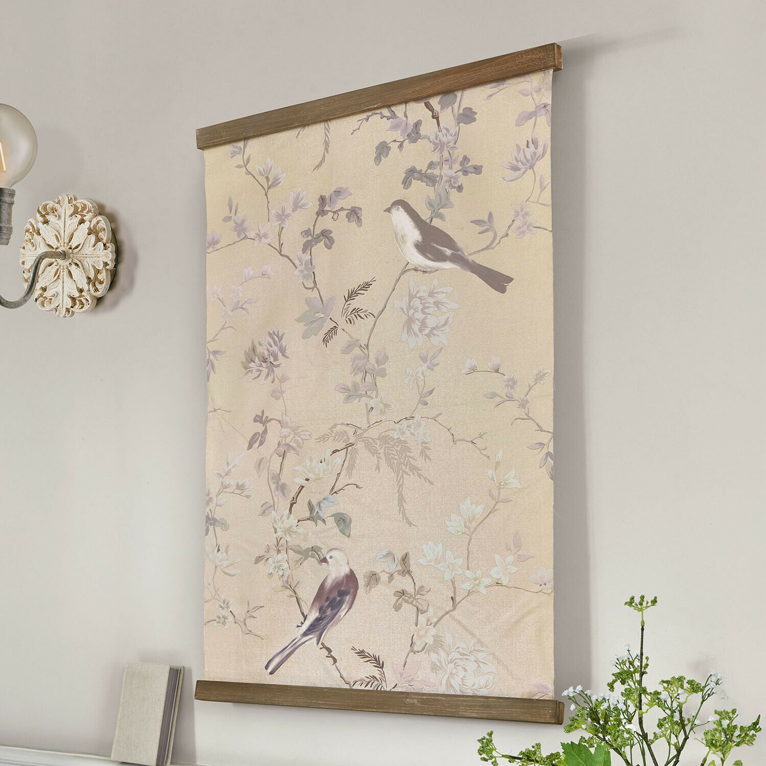 Tableau Florémont Tableau décoratif en toile avec oiseaux et fleurs pastel, cadre en bois naturel