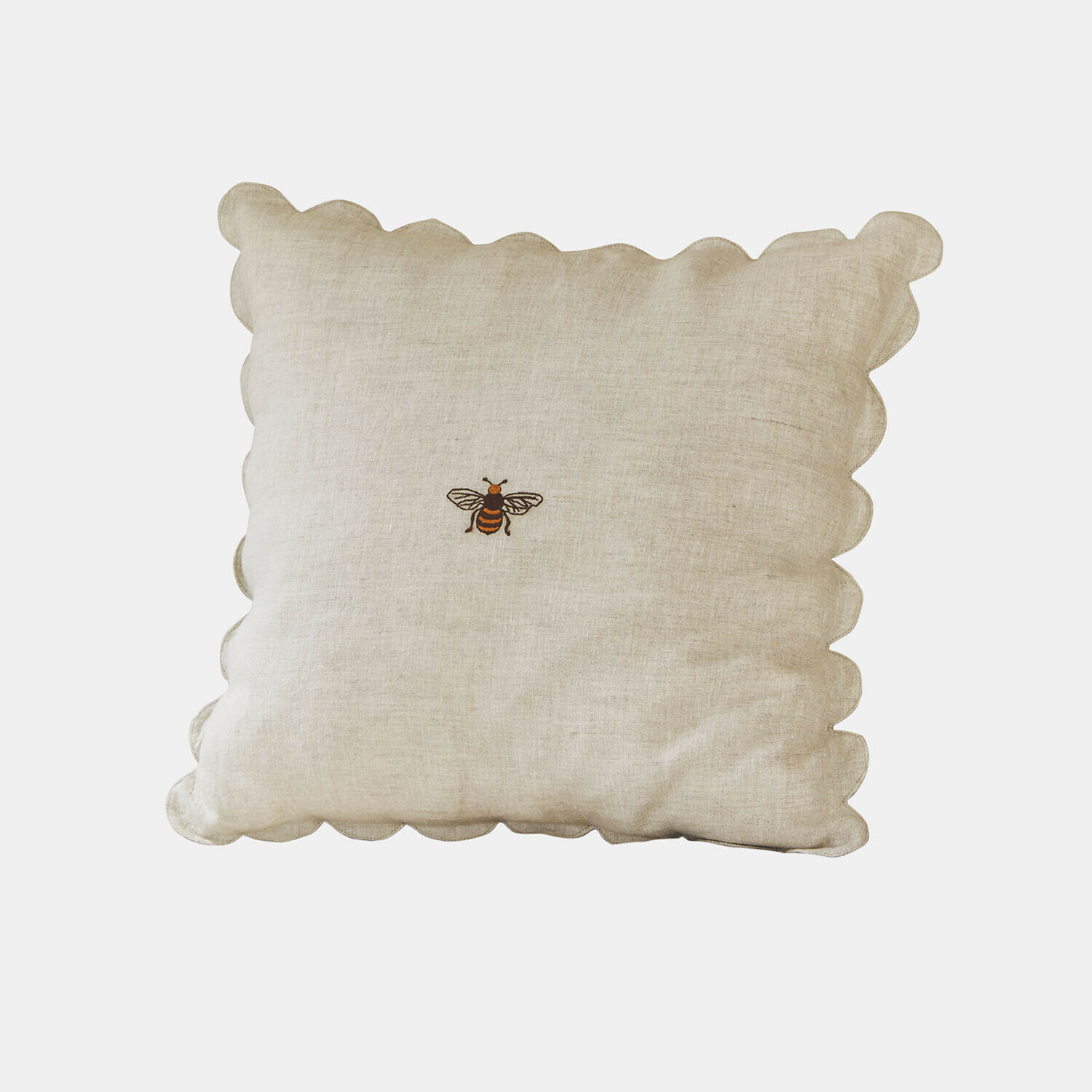 Housse de coussin Fluttery Coussin beige en lin avec bord ondulé et broderie d'abeille, décoration élégante pour salon