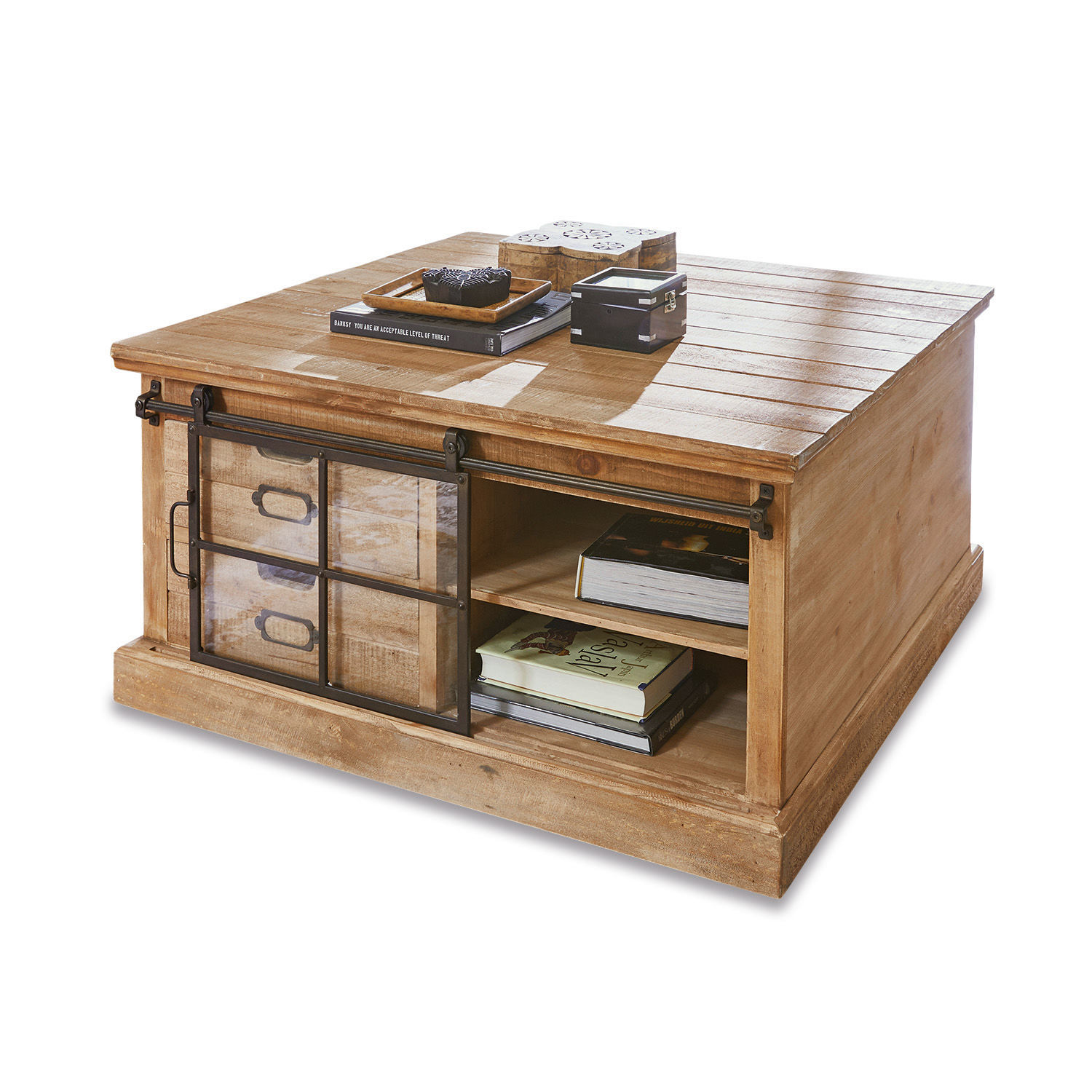 Table basse Finegand Table basse carrée en bois de manguier naturel avec portes coulissantes en verre et métal noir