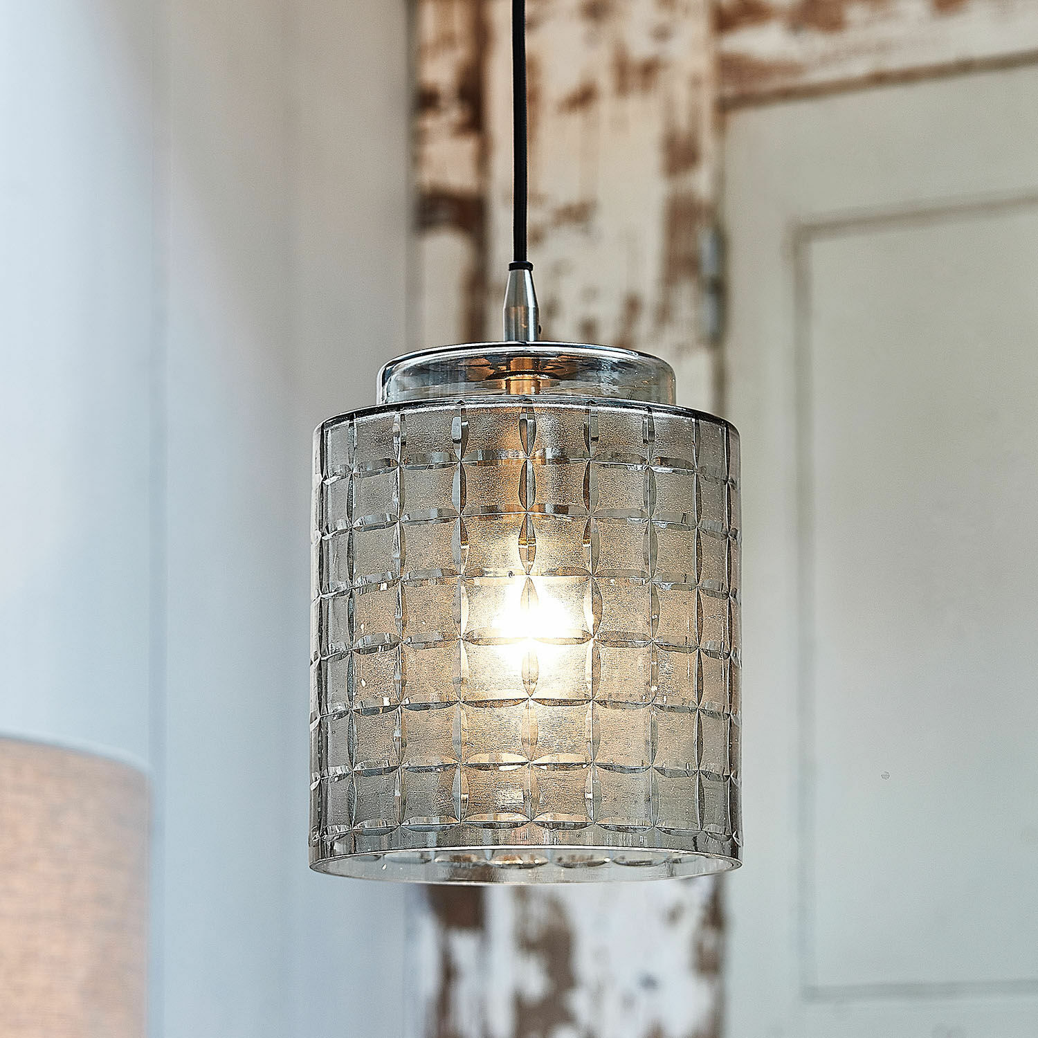 Suspension Eldarion Suspension en verre transparent avec abat-jour texturé et câble noir pour éclairage intérieur moderne
