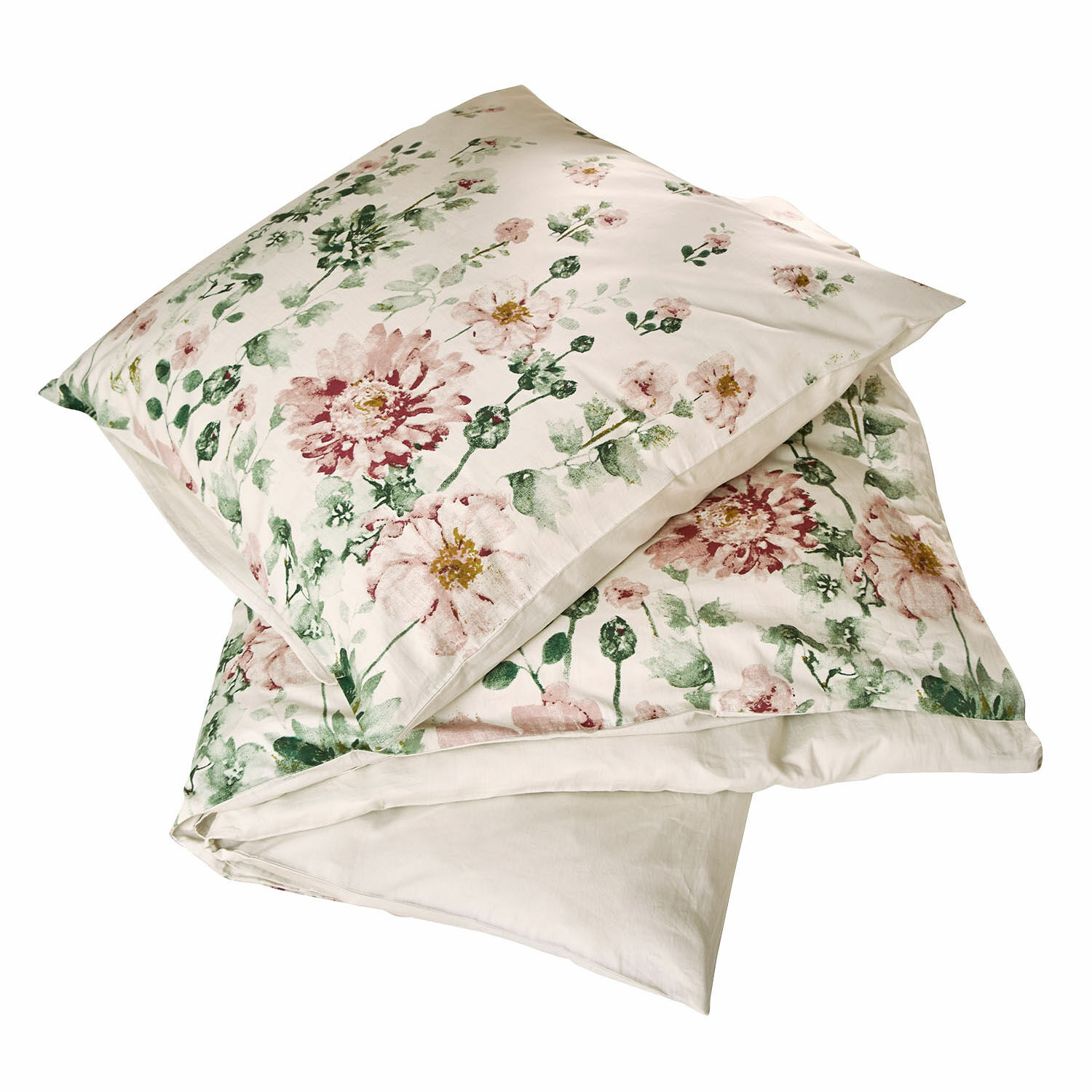 Parure de lit Brinalie Parure de lit en coton à motif floral rose et vert sur fond crème pour chambre élégante