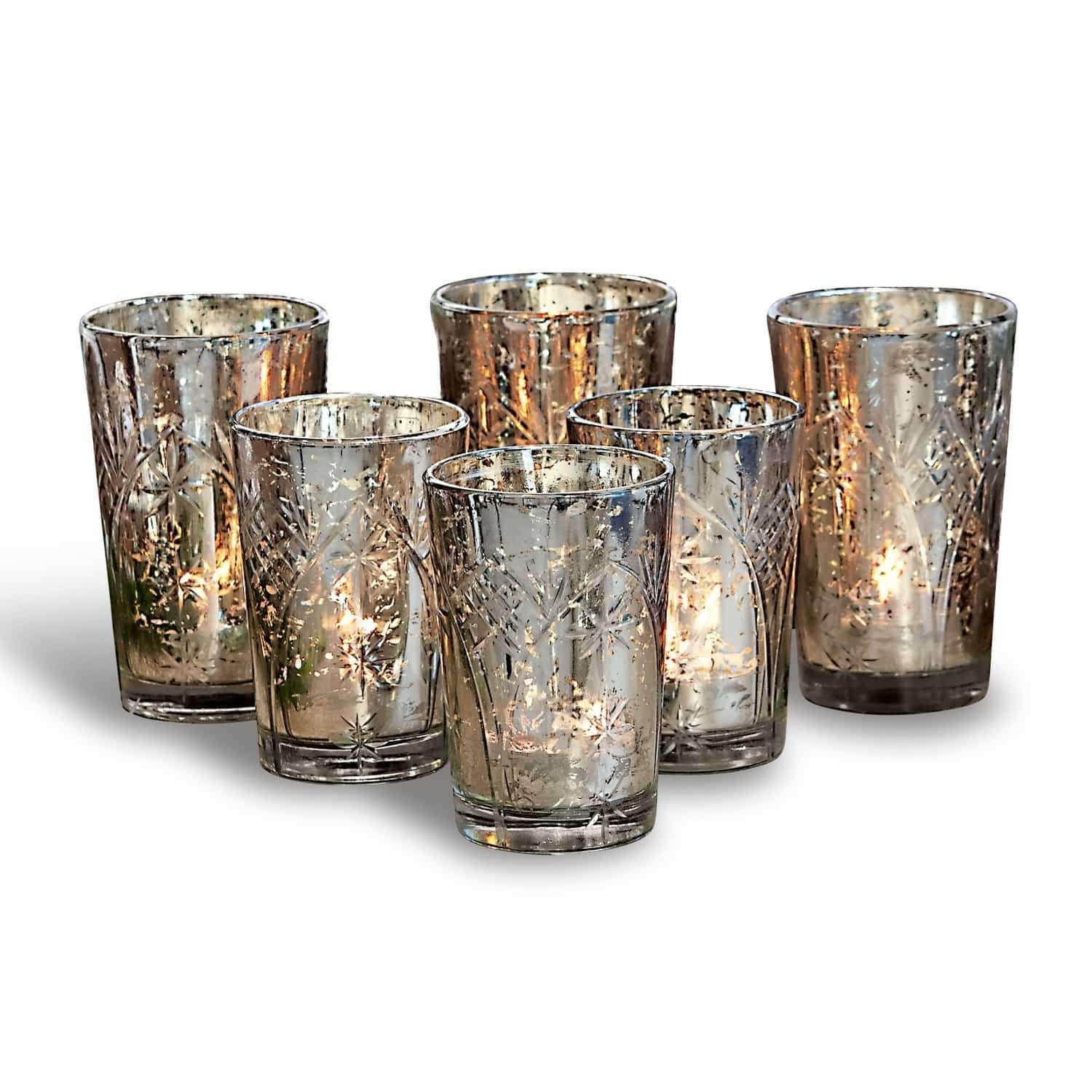 Lot de 6 photophores Latona Ensemble de six photophores en verre avec effet laiton et motif étoile, décoration intérieure