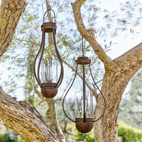 Ensemble de deux lanternes suspendues en métal rouillé avec verre transparent, décoration de jardin