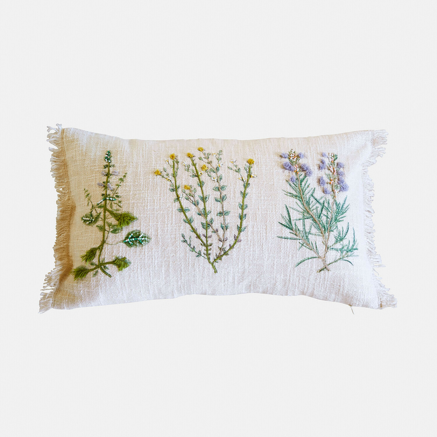 Housse de coussin Sélomiane Coussin rectangulaire crème avec broderie florale et franges, décoration textile pour salon