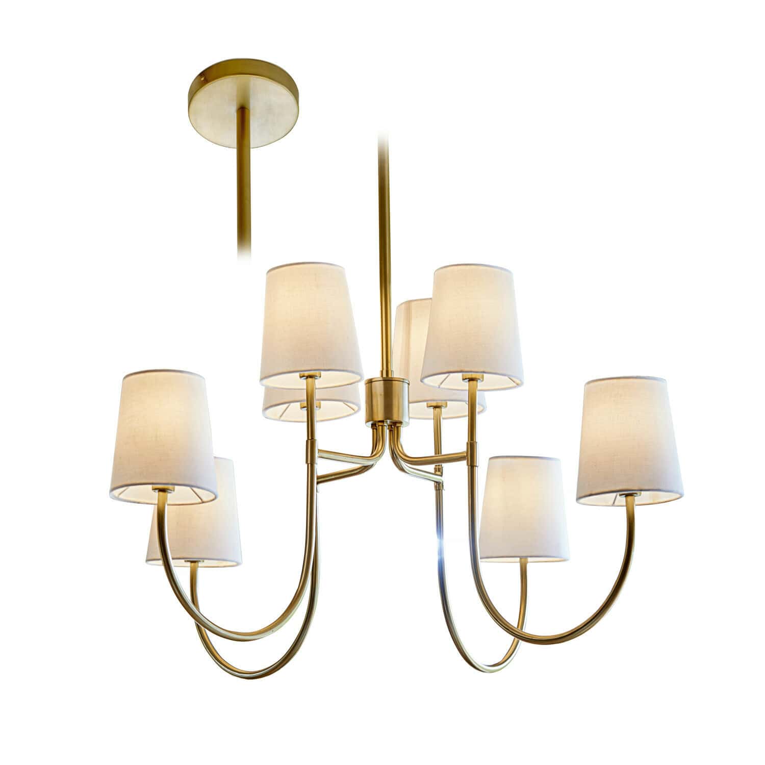 Suspension Plainfield Suspension en laiton avec huit abat-jours blancs en tissu, lustre élégant pour salon moderne
