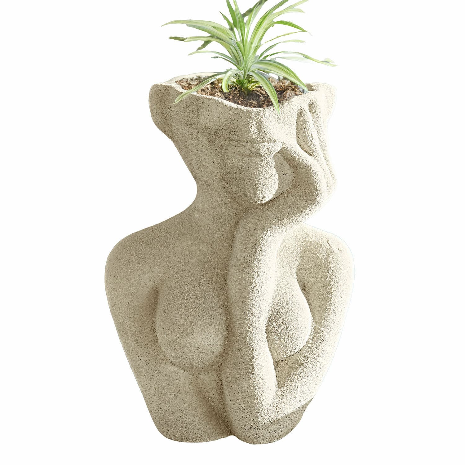 Vase Jasim Cache-pot en béton beige en forme de silhouette féminine avec plante verte décorative