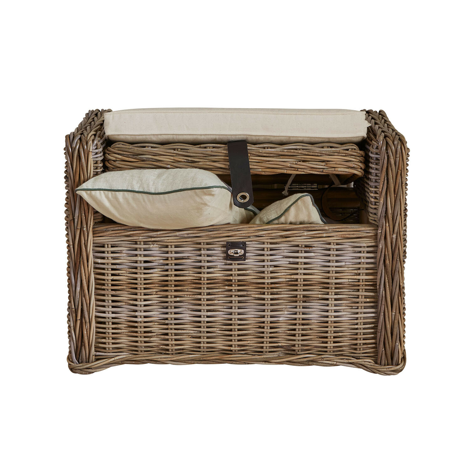 Coffre Chantivelle Panier de pique-nique en osier avec coussins crème et sangle en cuir foncé, matériau naturel