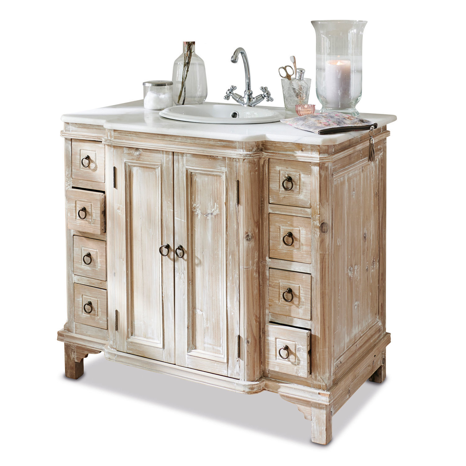 marron/blanc Meuble vasque Sunderland en bois blanchi avec lavabo et tiroirs pour salle de bain