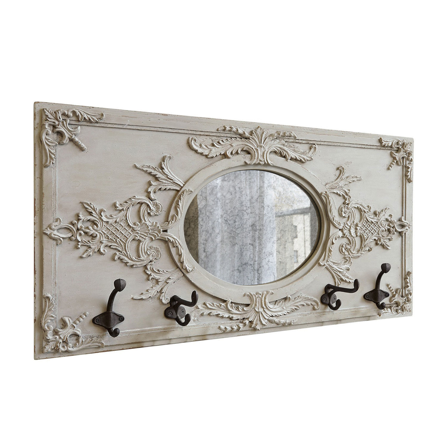 Portemanteau Béatrice Patère murale en bois beige avec miroir ovale et crochets en métal pour l'entrée
