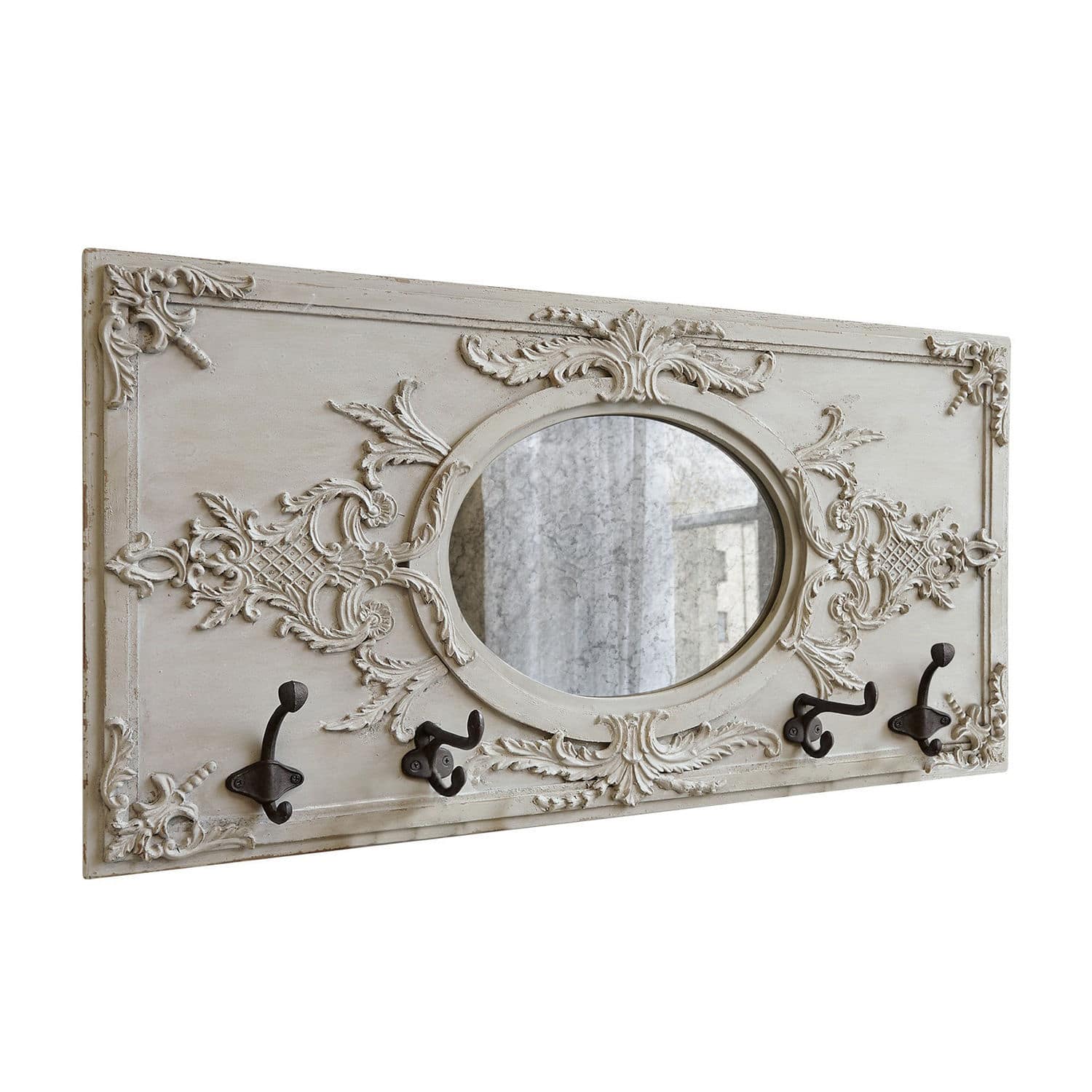 Portemanteau Béatrice Patère murale en bois beige avec miroir ovale et crochets en métal pour l'entrée