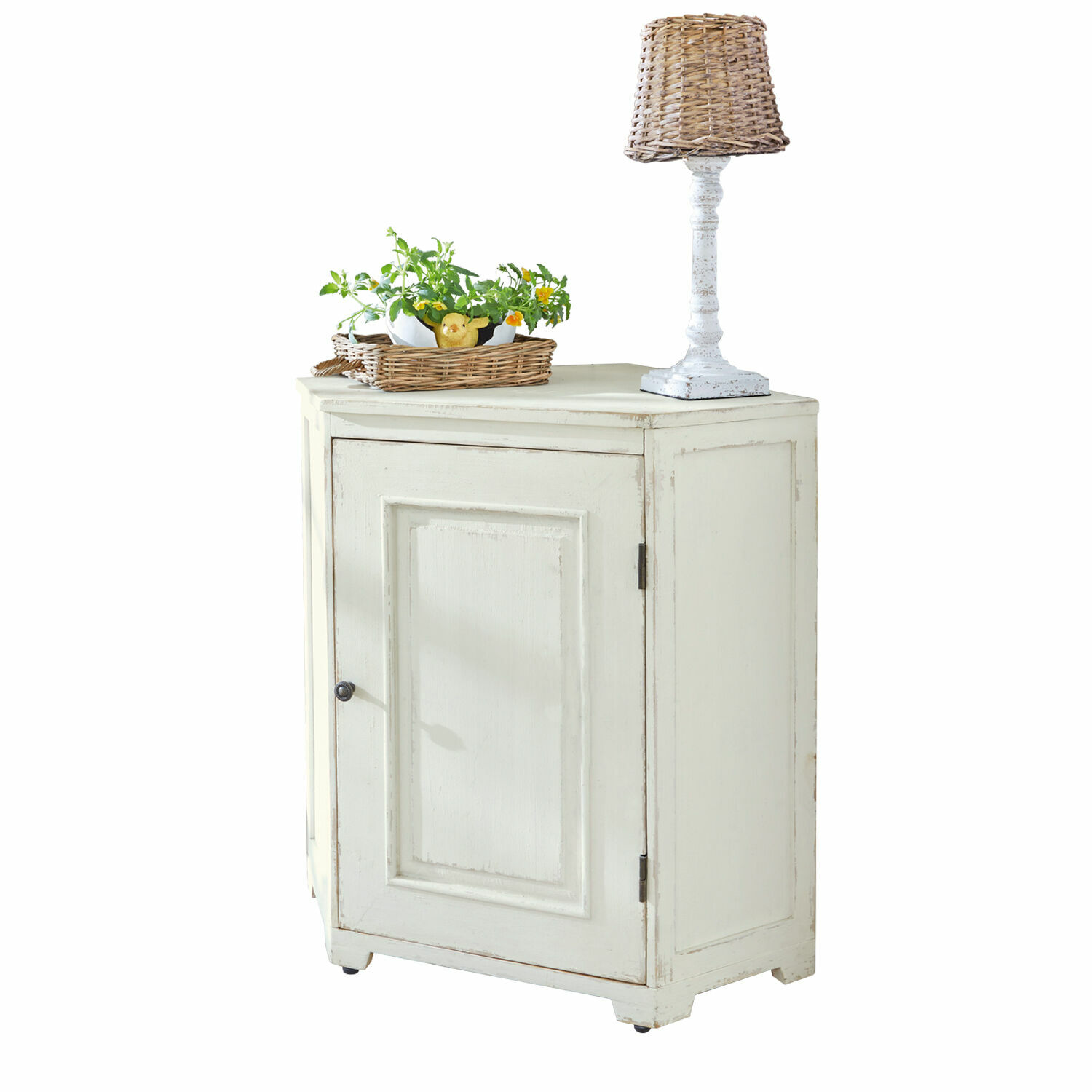 Commode d'angle Yurielka Armoire blanche en bois avec une porte, lampe à abat-jour en osier et panier de plantes sur le dessus
