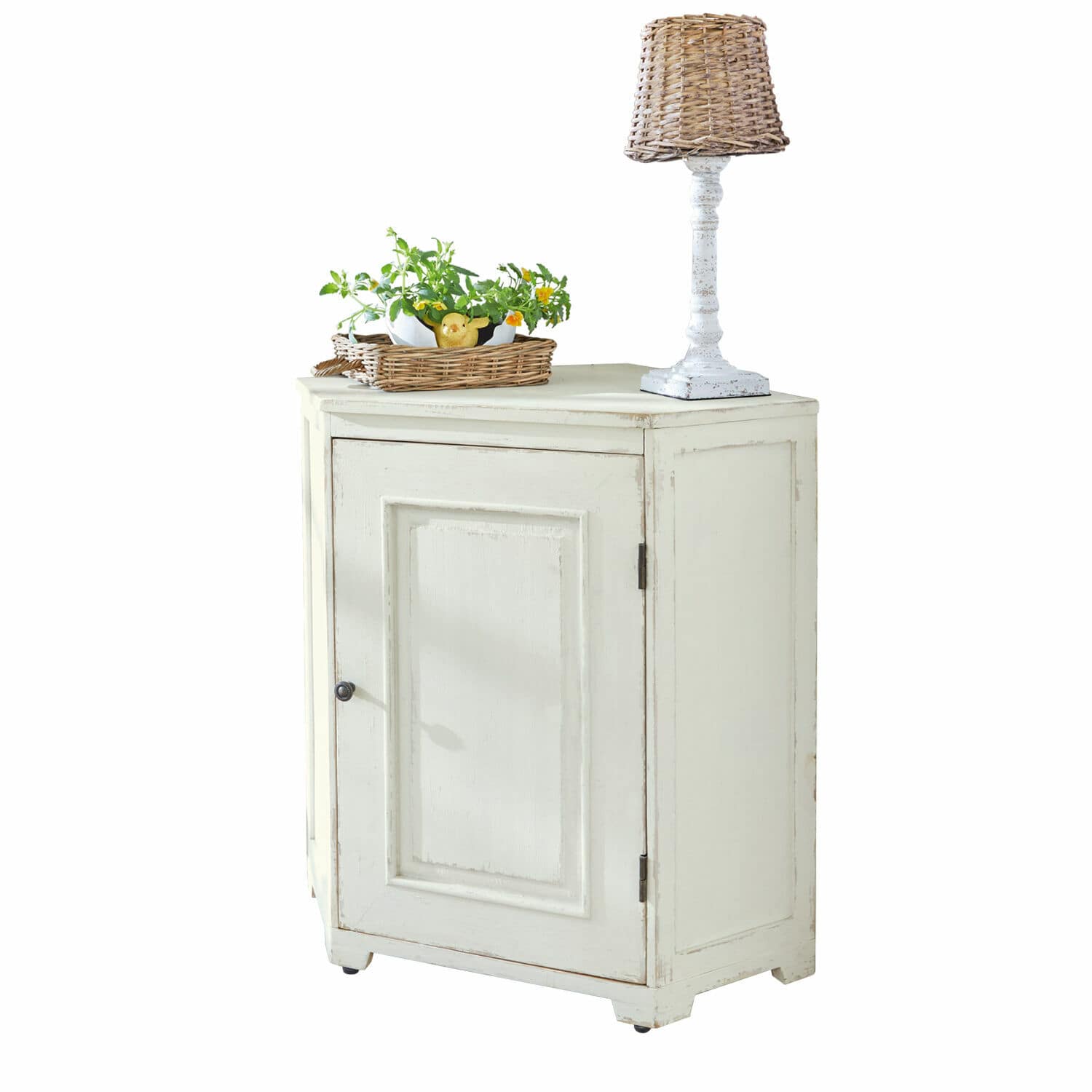 Commode d'angle Yurielka Armoire blanche en bois avec une porte, lampe à abat-jour en osier et panier de plantes sur le dessus