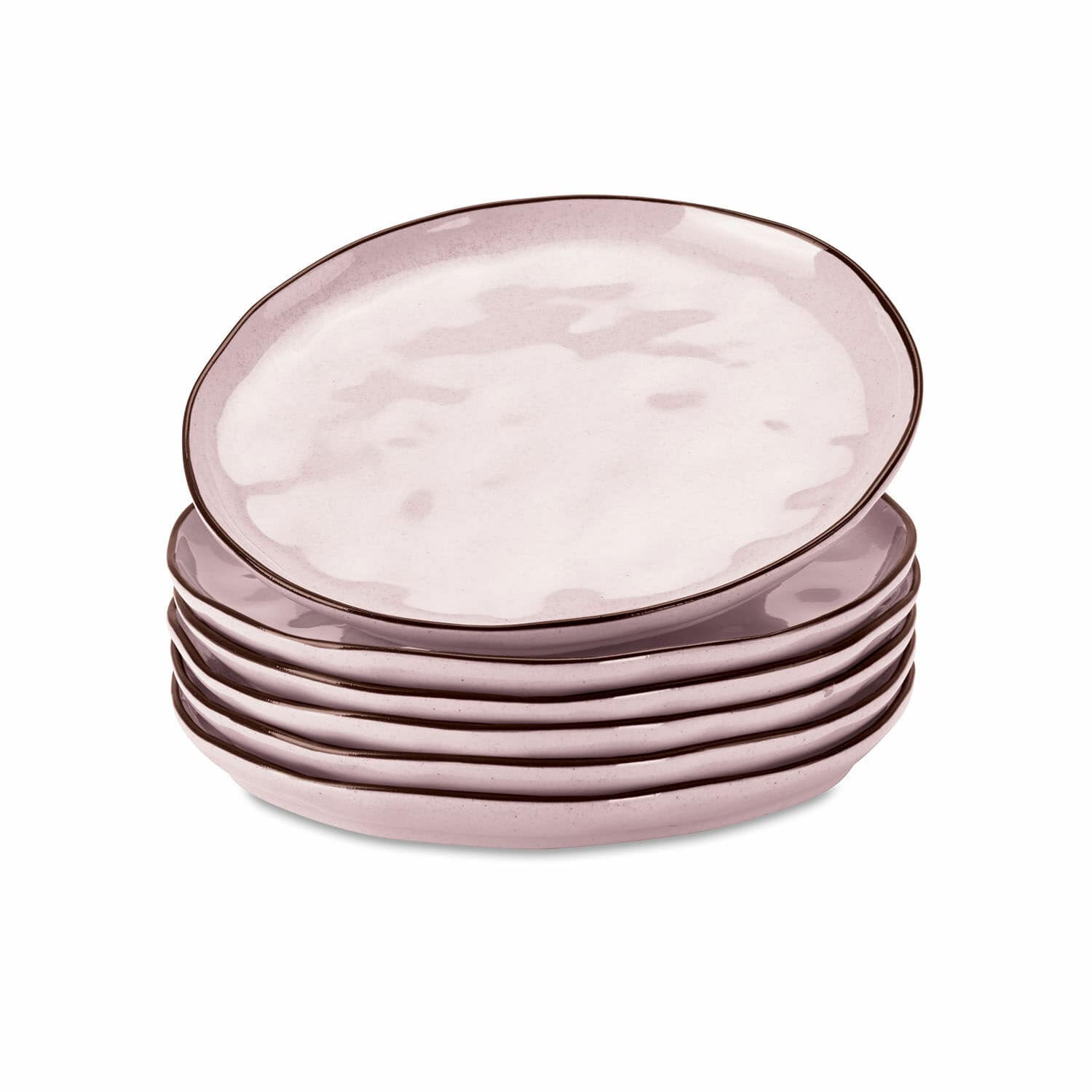 Lot de 6 assiettes à dessert Biarré Ensemble de six assiettes en céramique rose clair avec bord marron pour servir les repas
