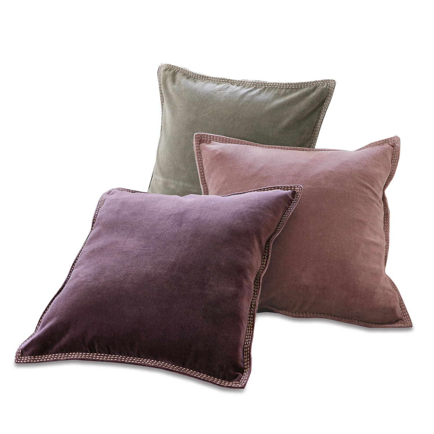 Lot de 3 coussins Allonnes Ensemble de trois coussins en velours violet, rose et vert pour décoration intérieure élégante