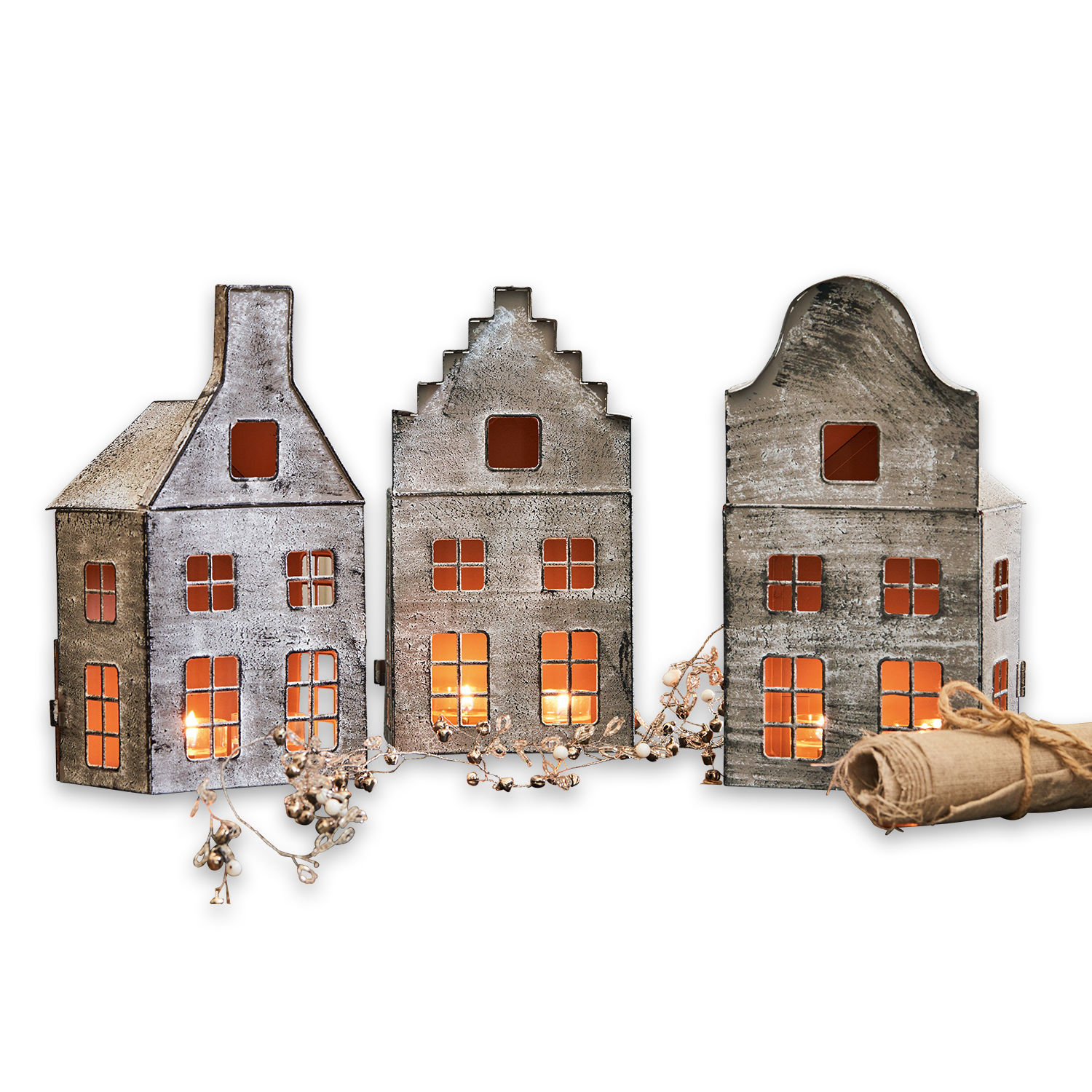 Lot de 3 lanternes Allison Park Lanterne en métal en forme de maison avec finition grise et lumière chaude de bougie